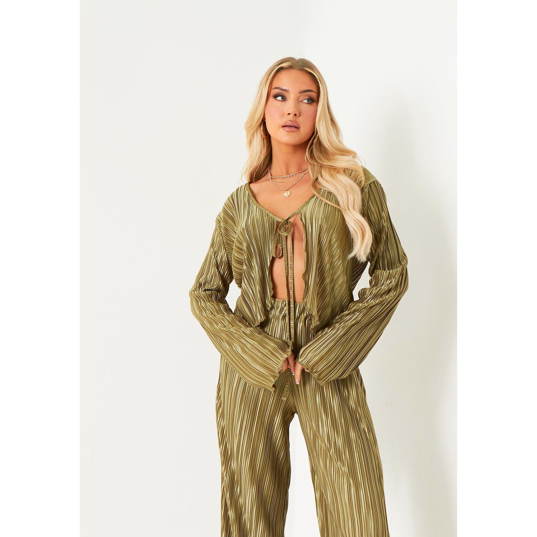 Missy Empire Women's Plisse Tie Top - Khaki - 8 (XS)