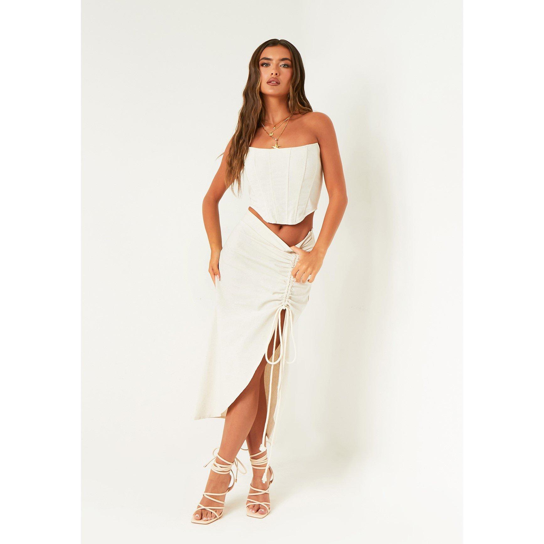 Stone - Missy Empire - Linen Look Ruched Side Midi Skirt
