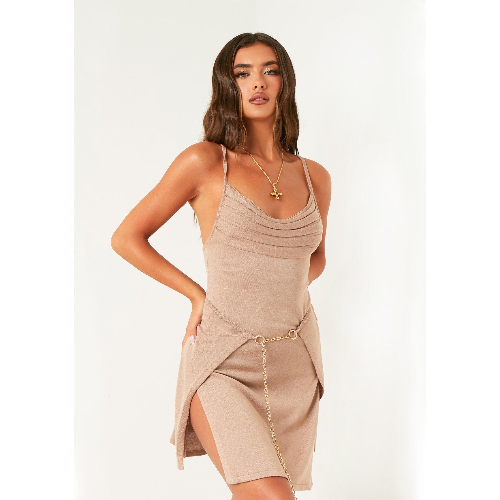 Missy Empire Women's Knitted Cowl Dress With Wrap Over Skirt - Sand - 10 (S)
