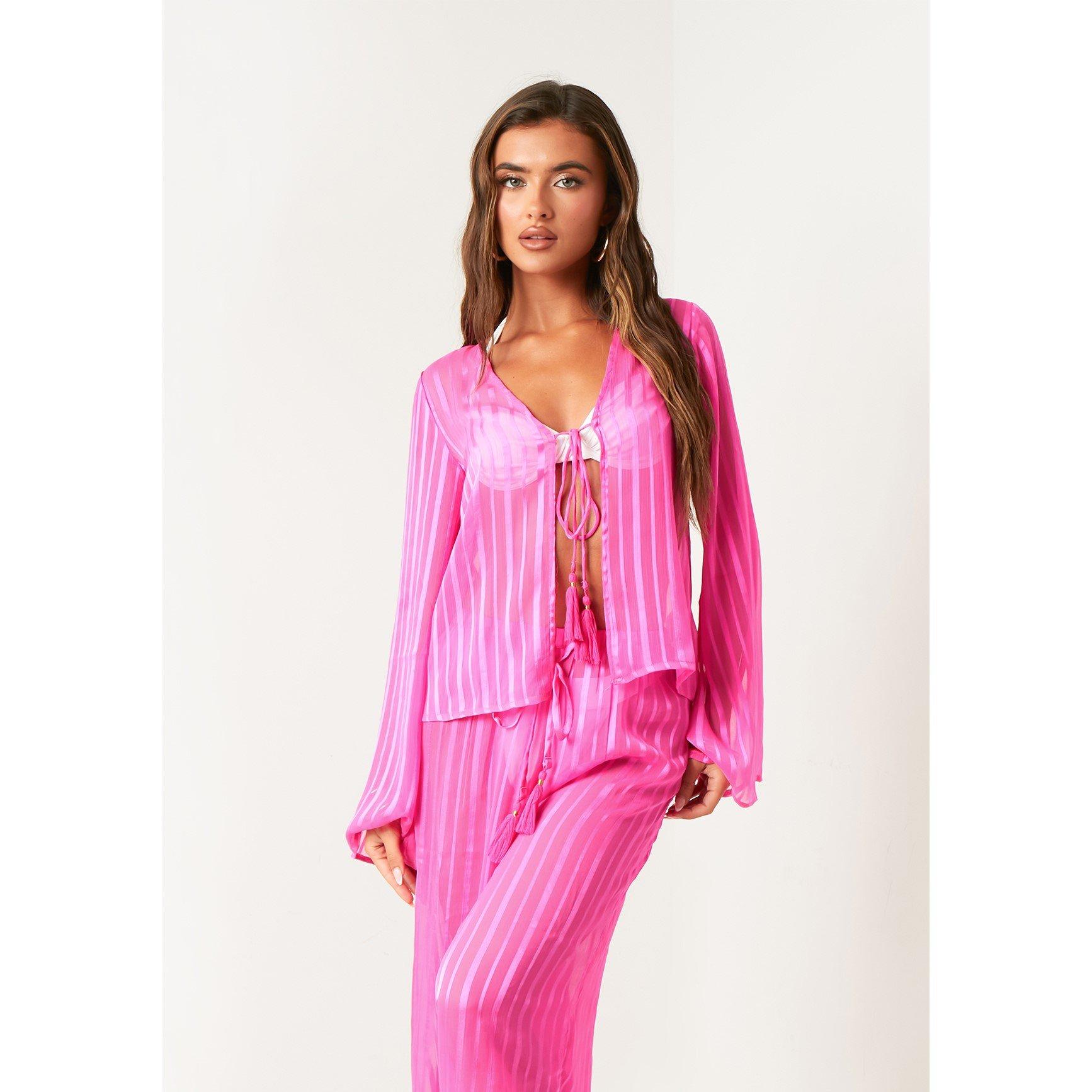Rose - Missy Empire - Sheer Stripe Beach Cover Up Shirt