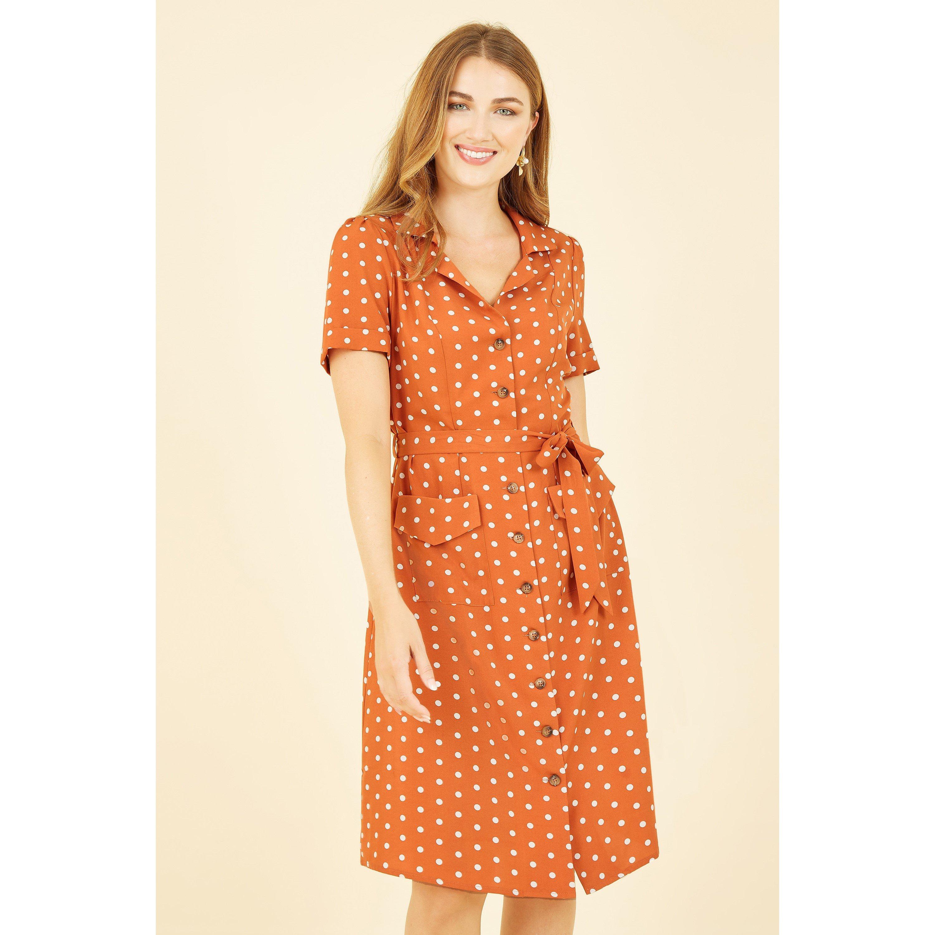 Burnt Orange - Yumi - Orange Spot Retro Shirt Dress - 1