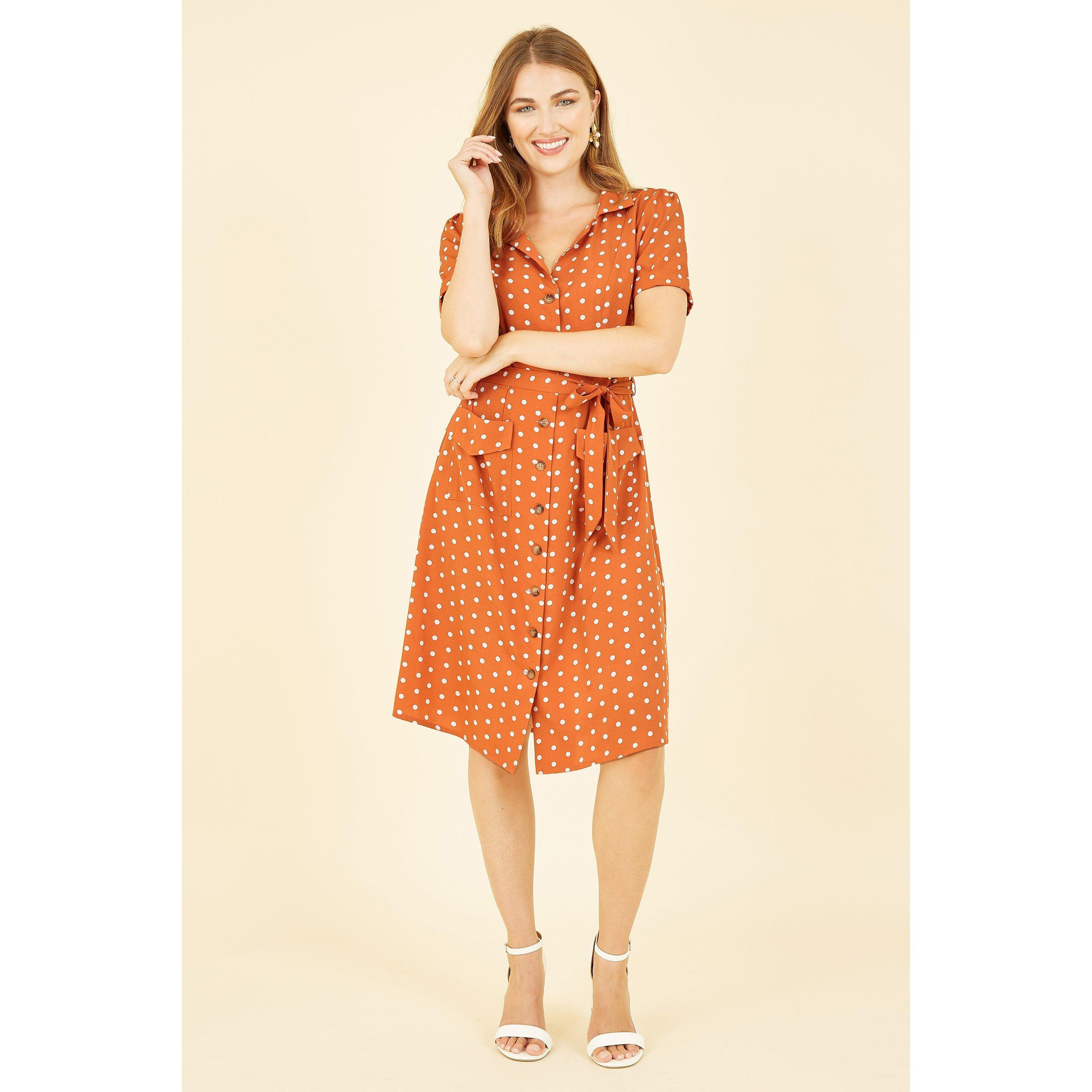 Burnt Orange - Yumi - Orange Spot Retro Shirt Dress - 2