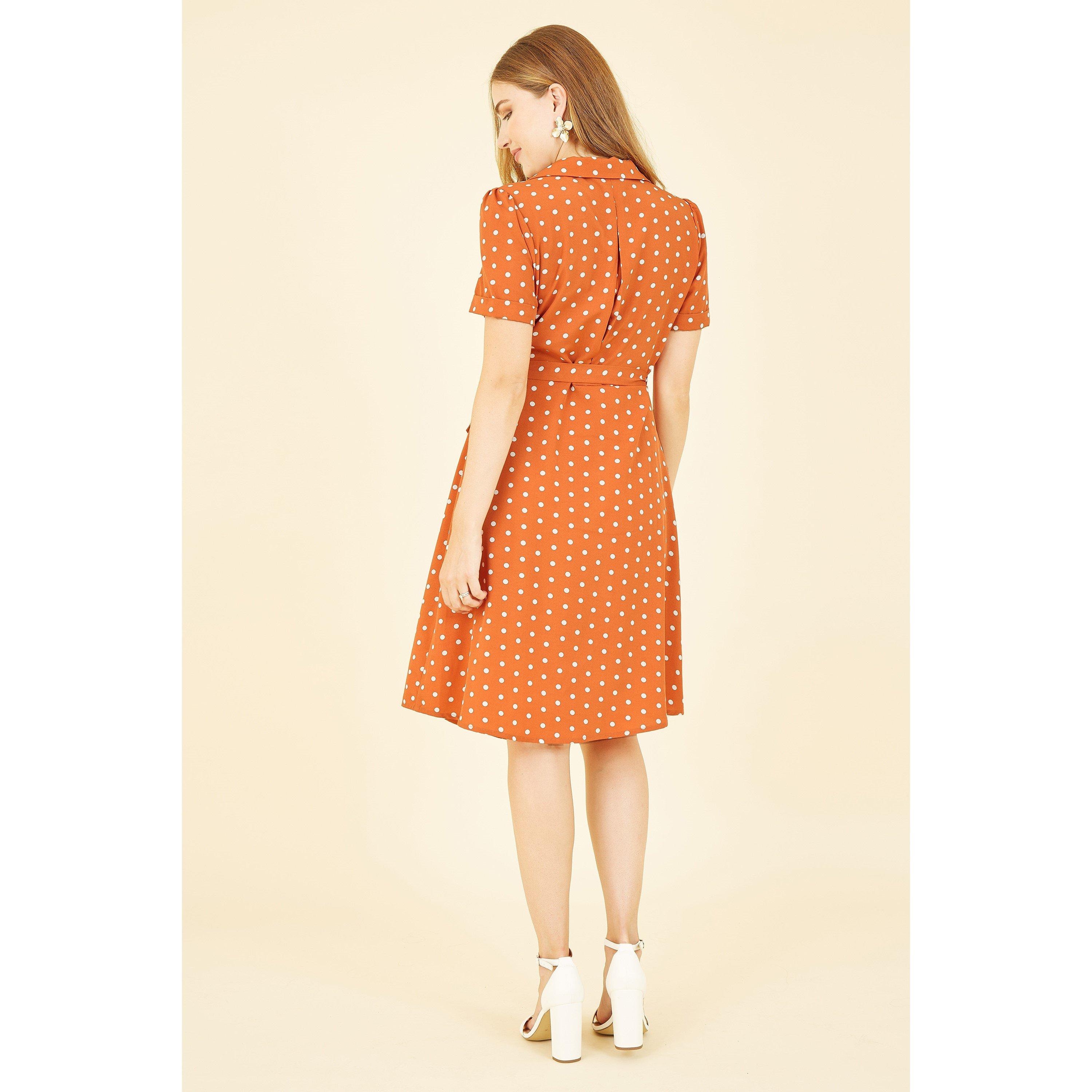 Burnt Orange - Yumi - Orange Spot Retro Shirt Dress - 3