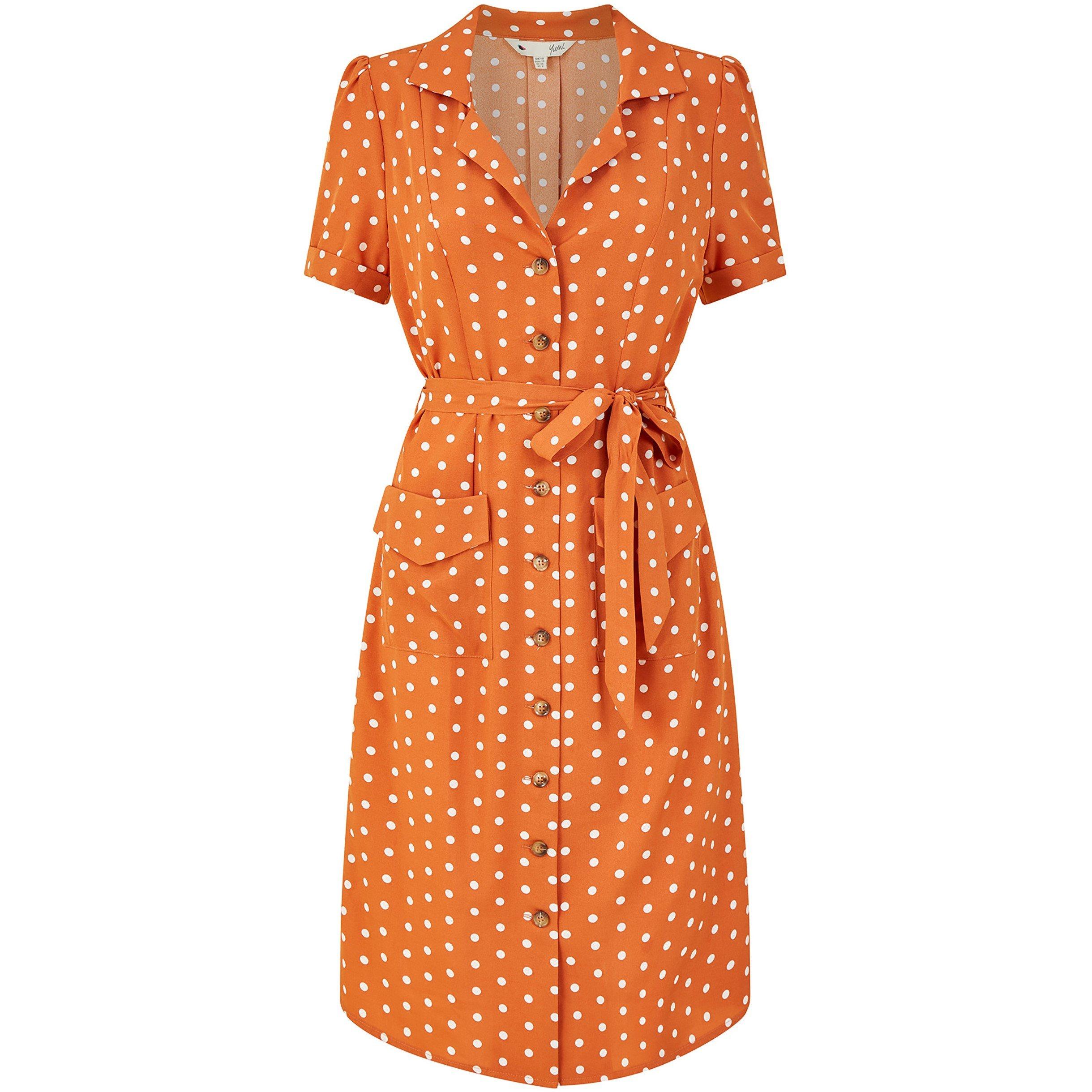 Burnt Orange - Yumi - Orange Spot Retro Shirt Dress - 4