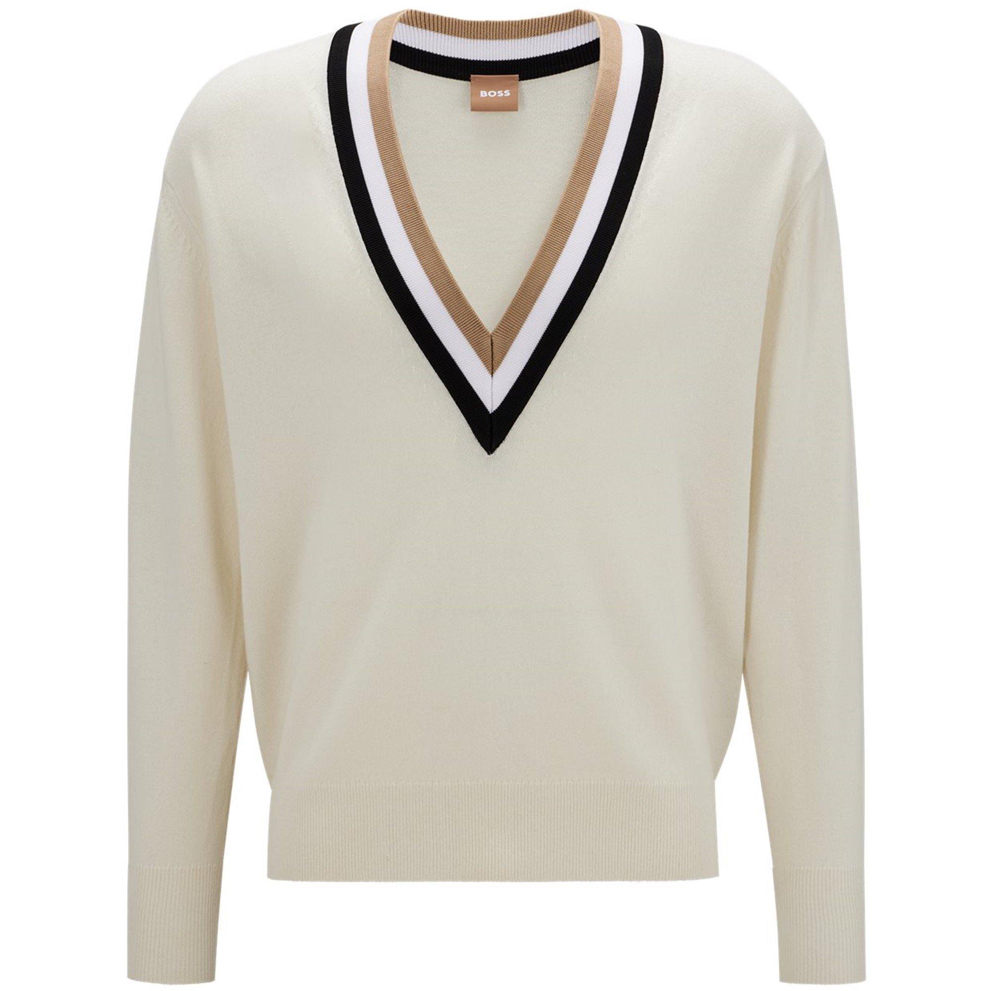 Open White 118 - Boss - Women's Felipina Knitted Jumper, V-neckline, Stripes - 5