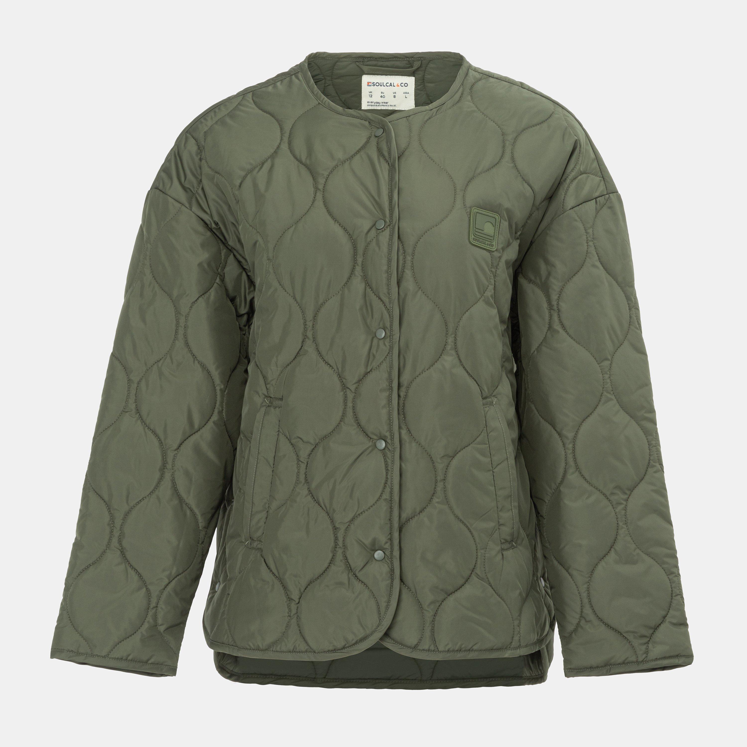 Khaki - SoulCal - Women's Collarless Long Sleeve Quilted Jacket - 1