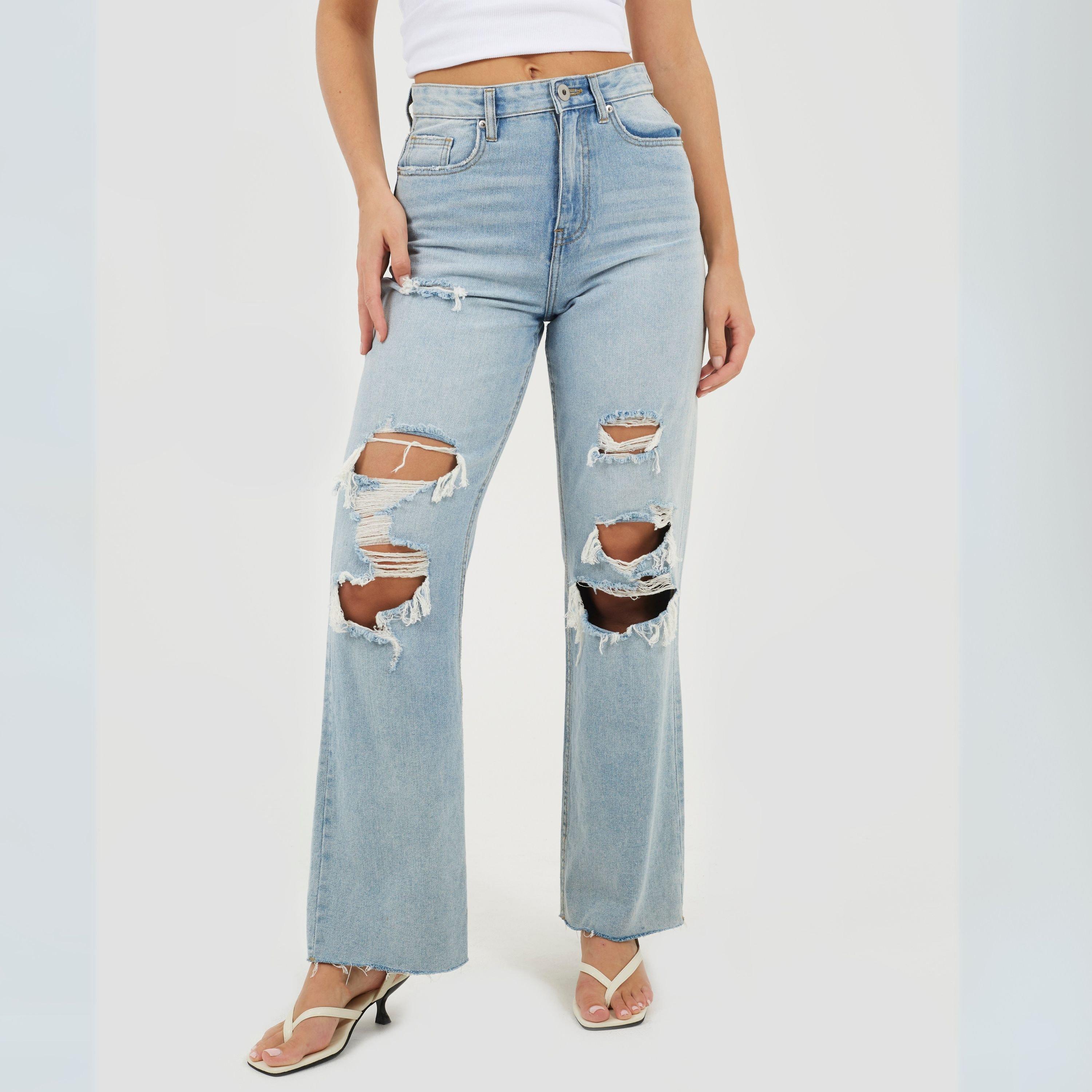 Pale Blue - Brave Soul - Womens High Waisted Wide Leg Distresed Jean - 1