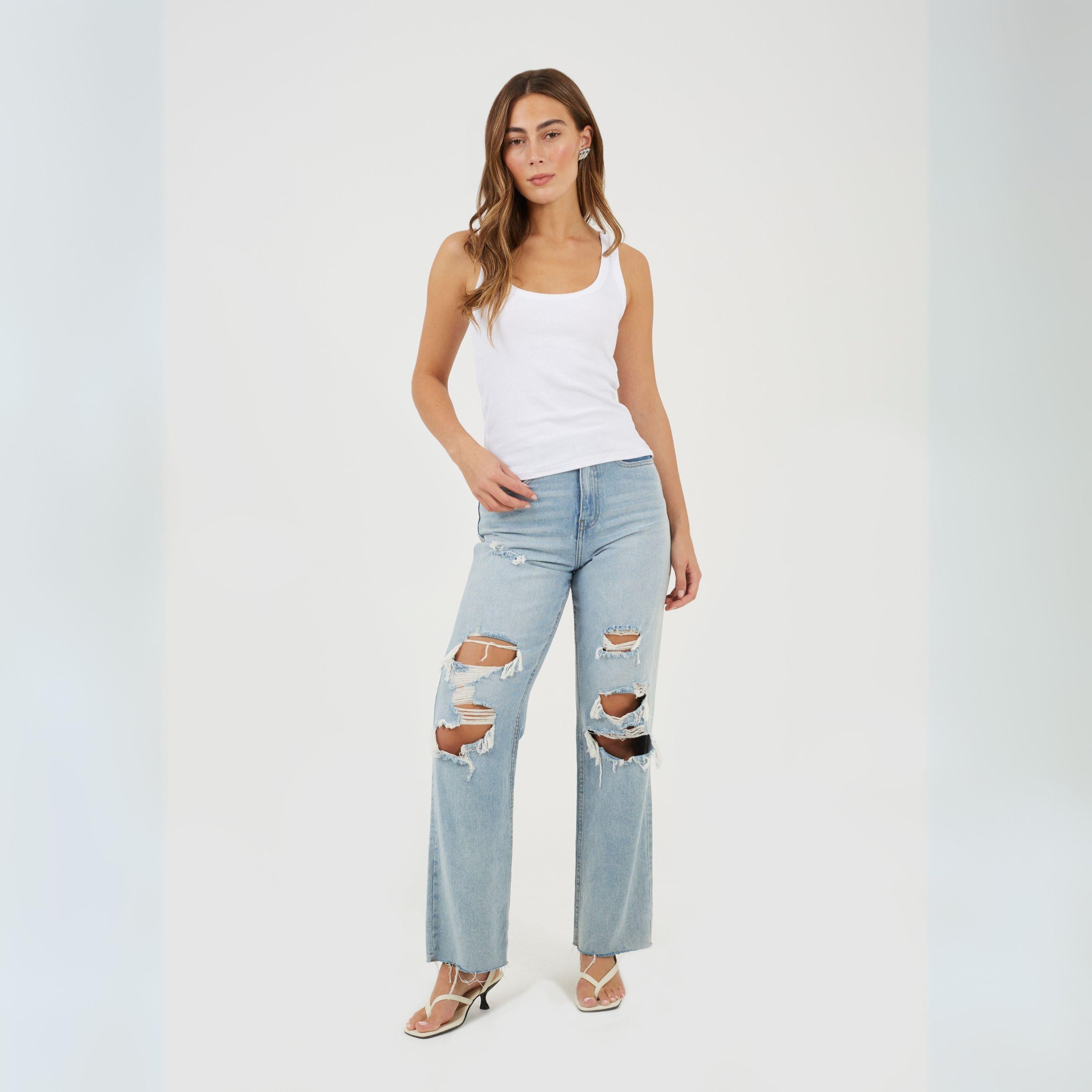 Pale Blue - Brave Soul - Womens High Waisted Wide Leg Distresed Jean - 4