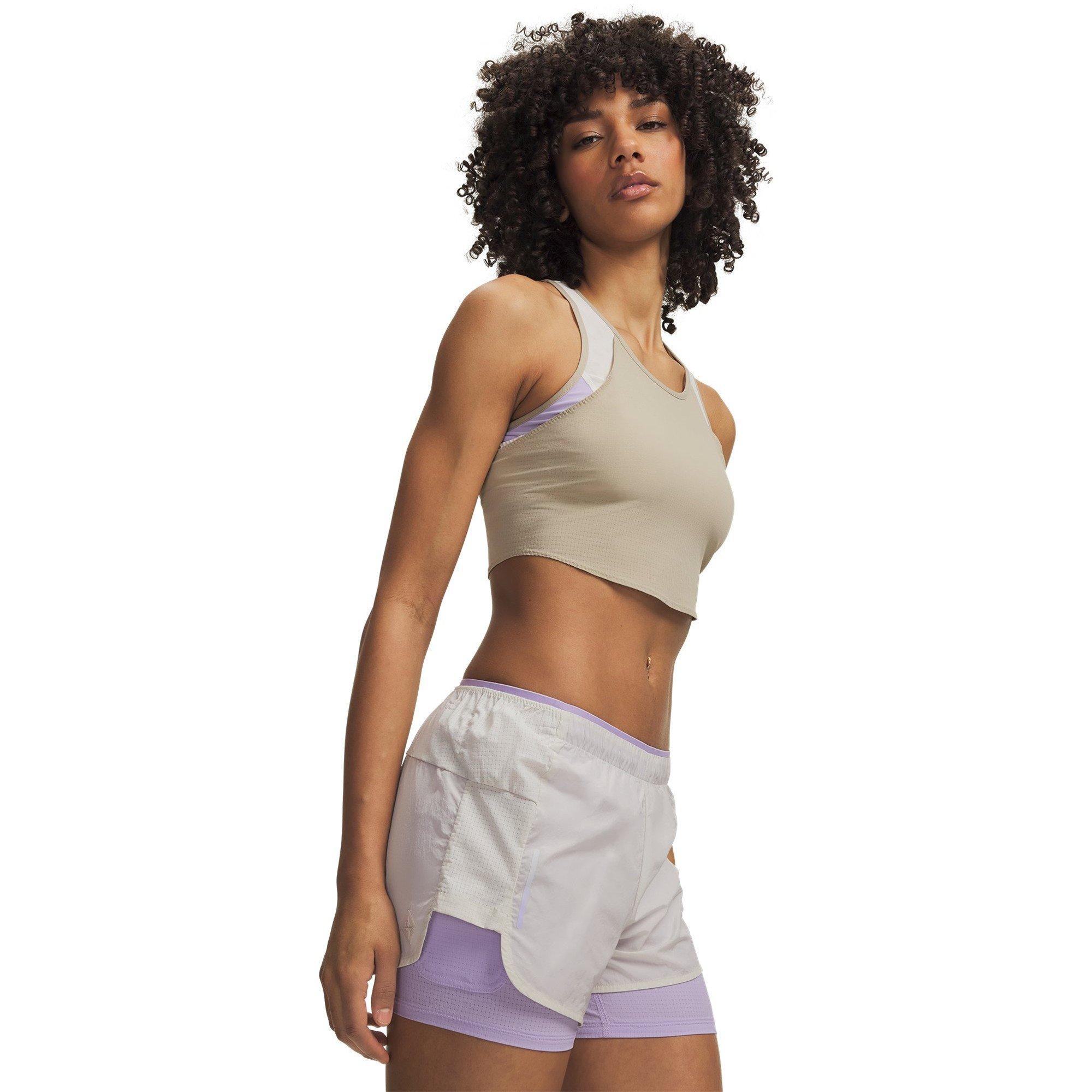 Khaki/Purple - Under Armour - Womens Explor Trail Run Pocket Tank - 1