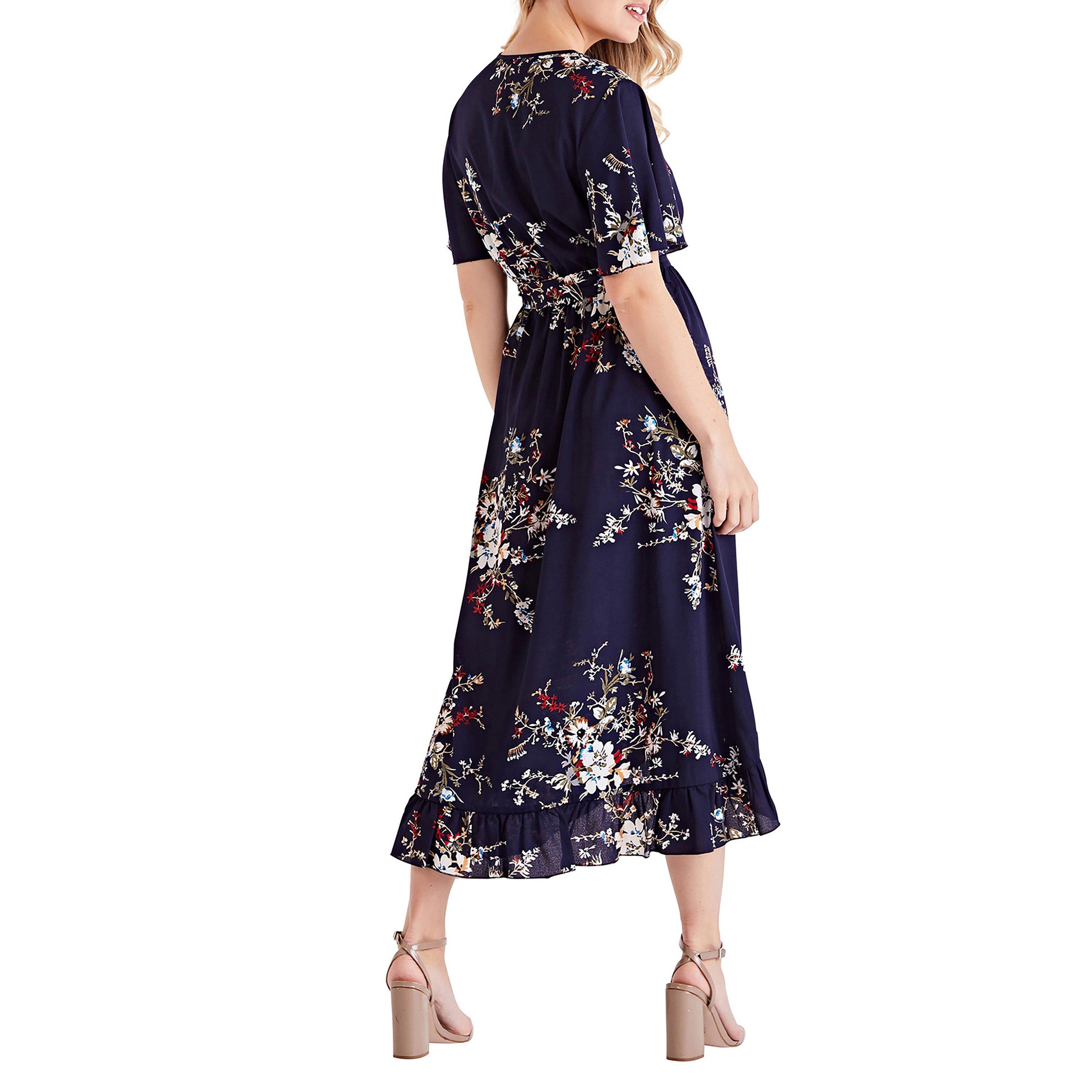 Navy - Mela London - Navy Floral Short Sleeve Maxi Dress - 3