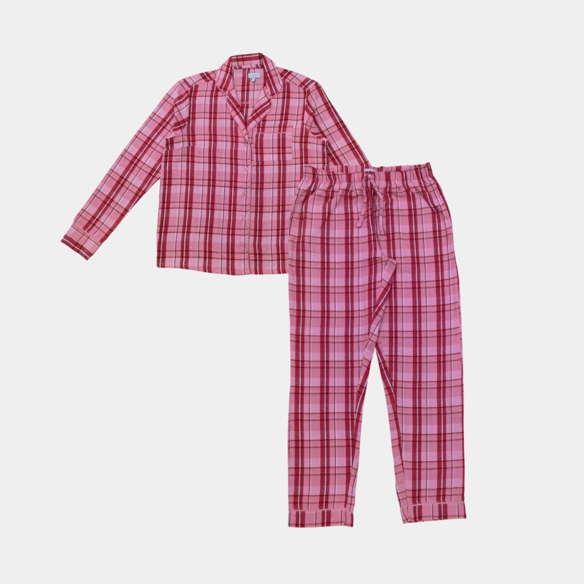 Linea Women's Star Cotton Long Sleeve Pyjama Set - Pink Check - 10 (38)