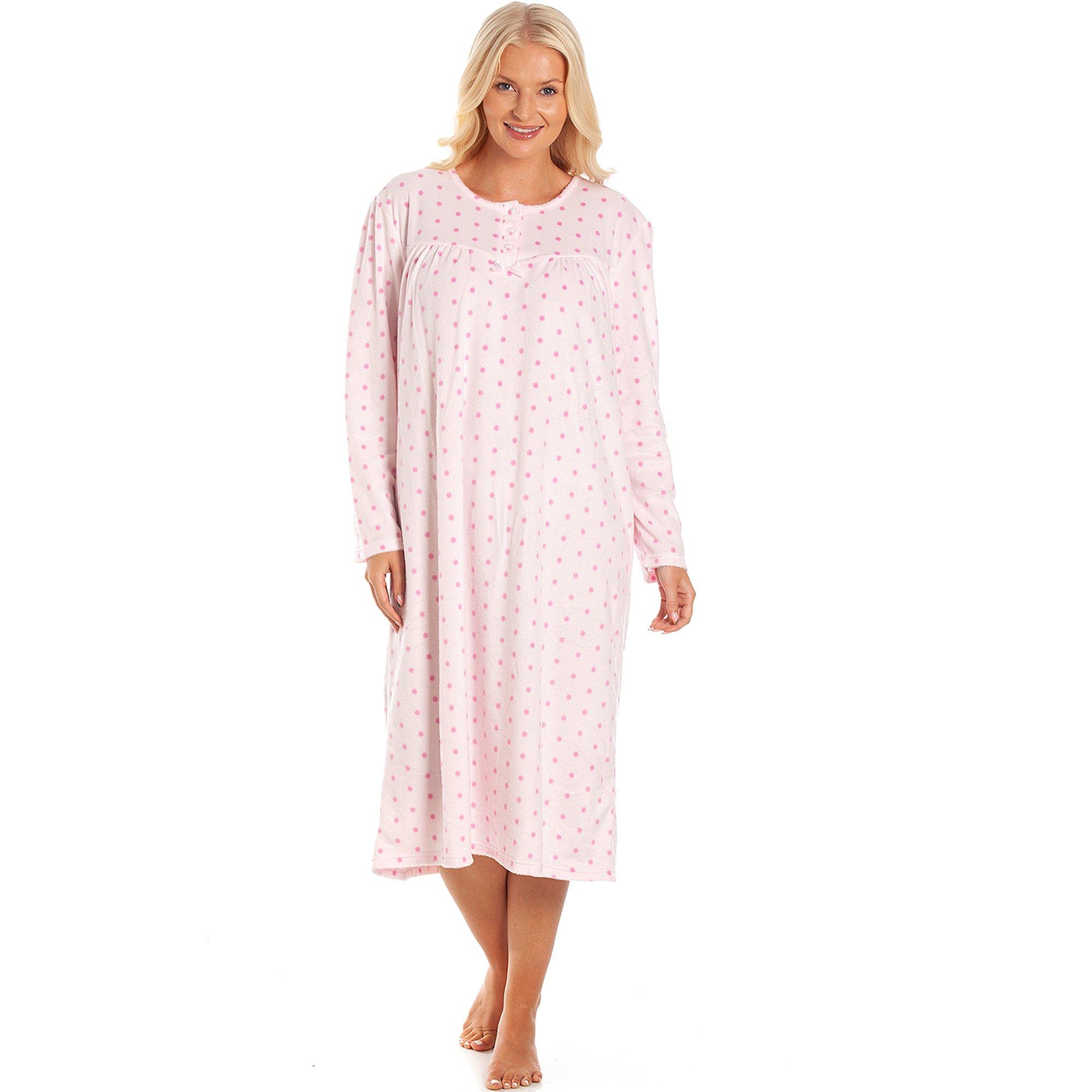 Lyserøde prikker - Camille - Long Sleeve Polka Dot Soft Fleece Nightdress - 1