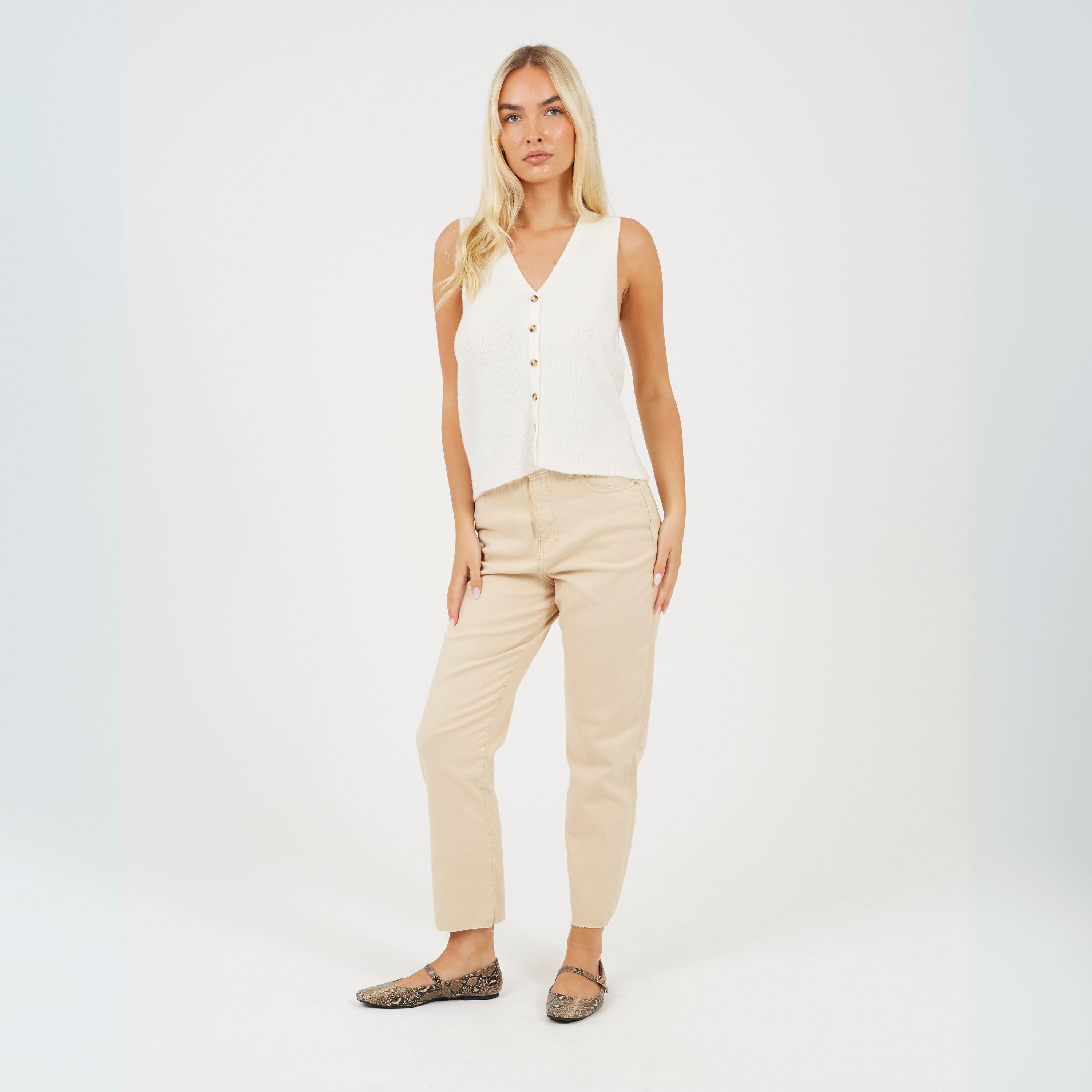 Sand - Brave Soul - Womens Mom Jeans with Raw Hem Sand - 4