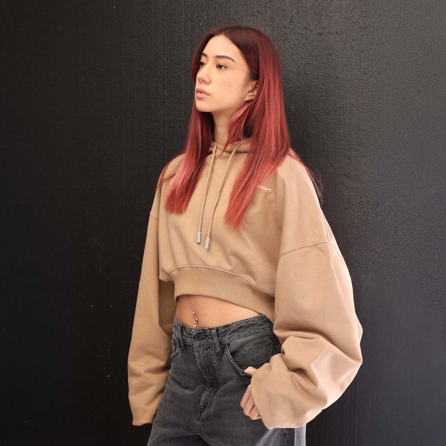 Brown - Off White - For All Cropped Over Hoodie - 4