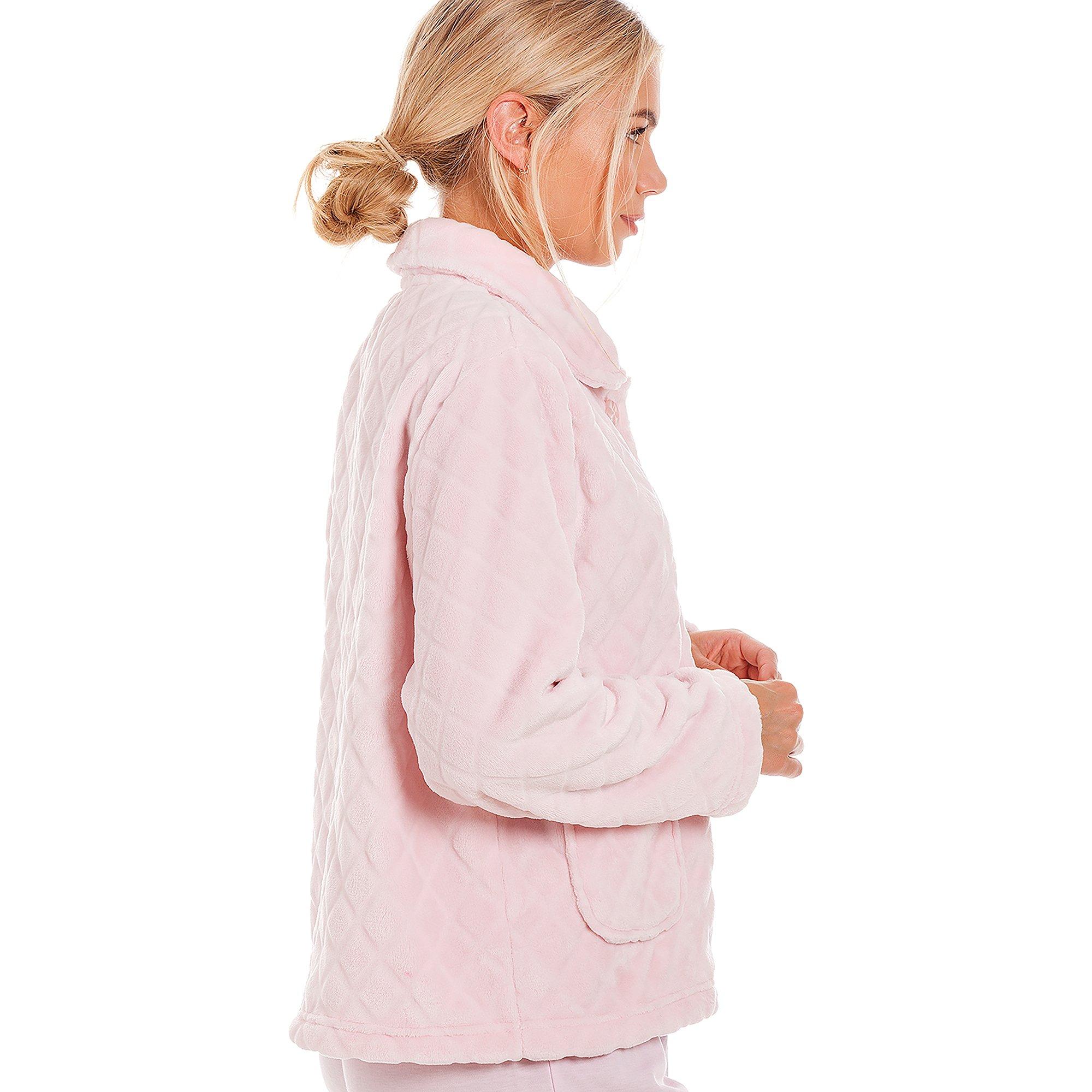 Diamond Pink - Camille - Fleece Diamond Print Bed Jacket with Pockets - 2