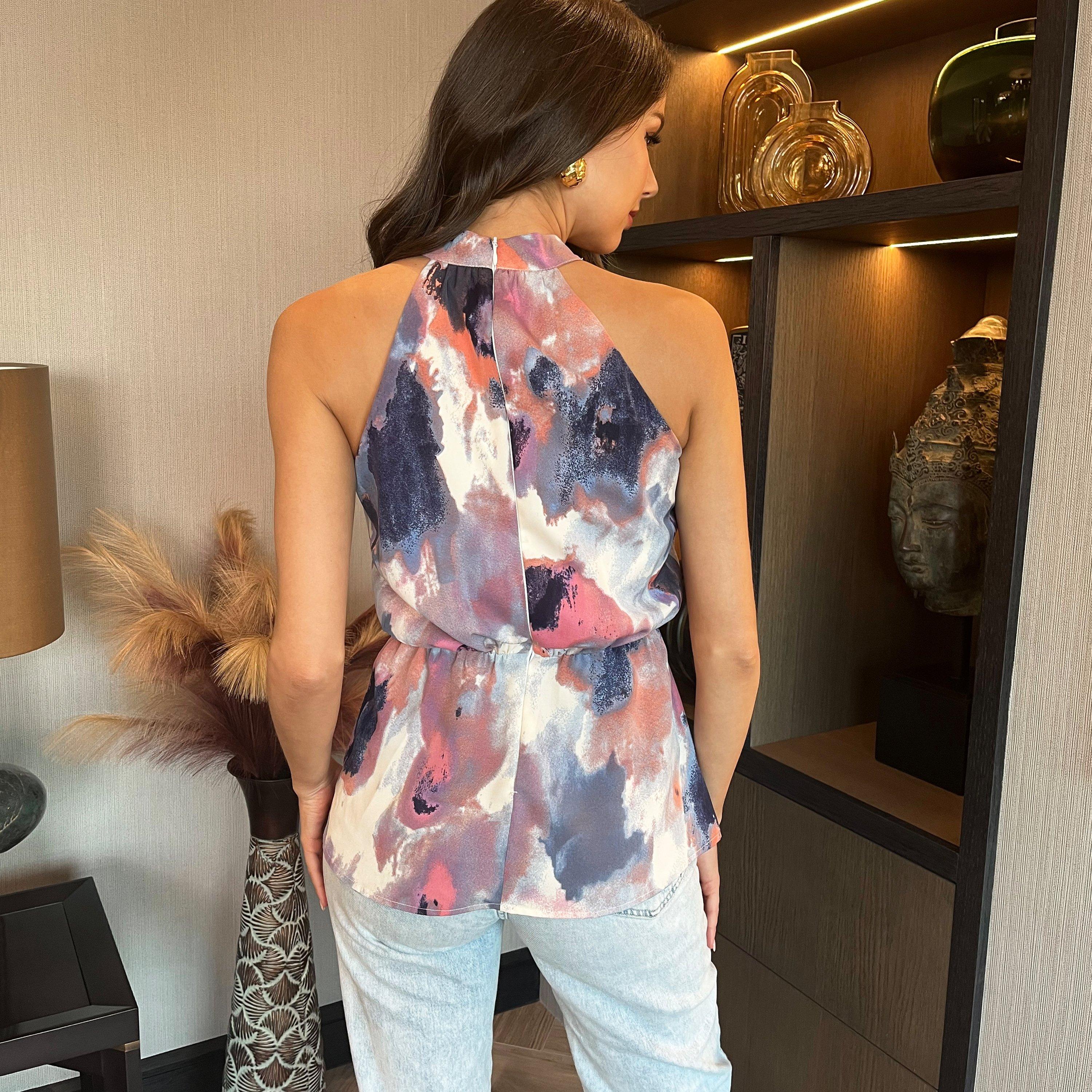 Multi - AX Paris - Smudge Print Halter Neck Peplum Top - 2