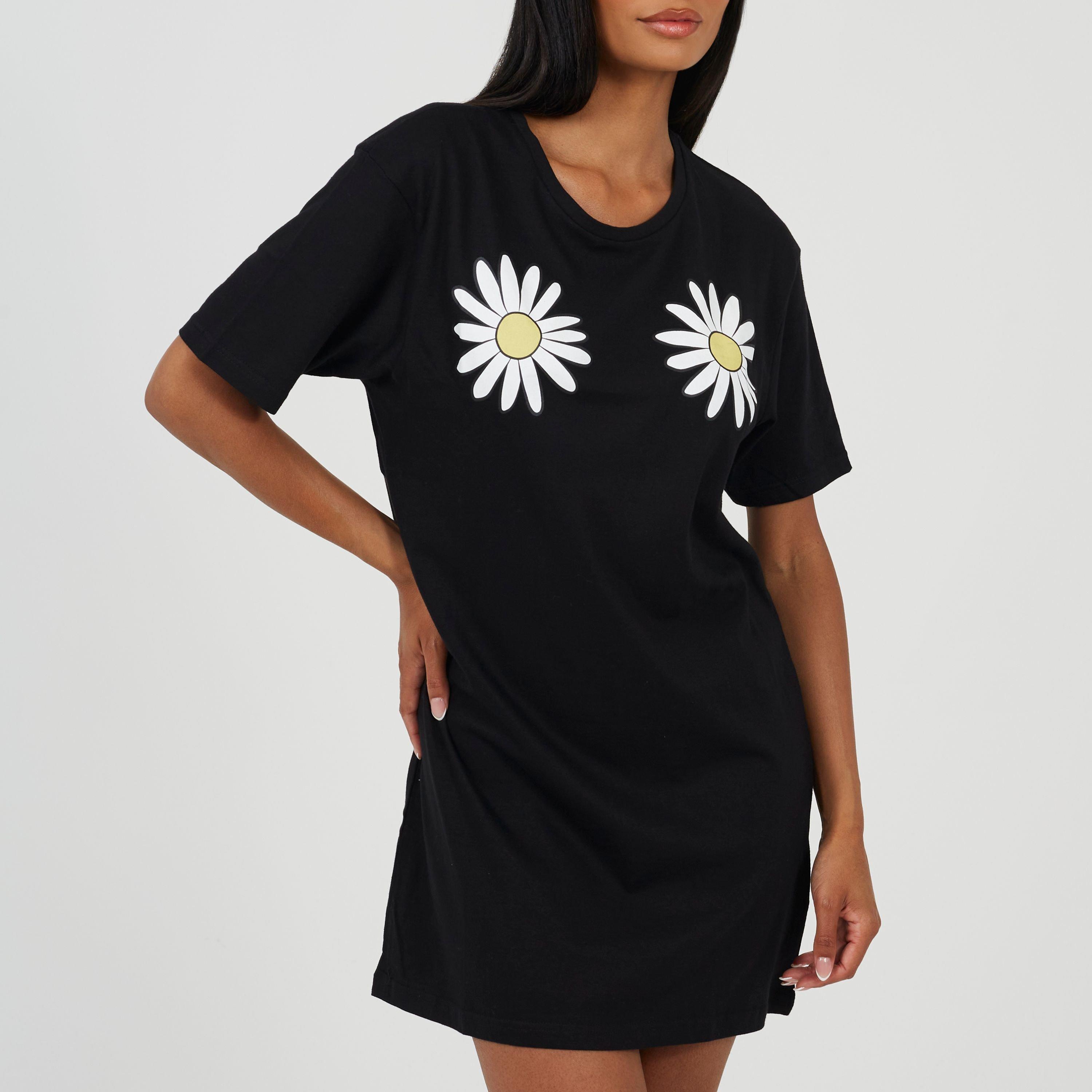 Black/White - Brave Soul - Womens Nightdress with Daisy Chest Print - 1