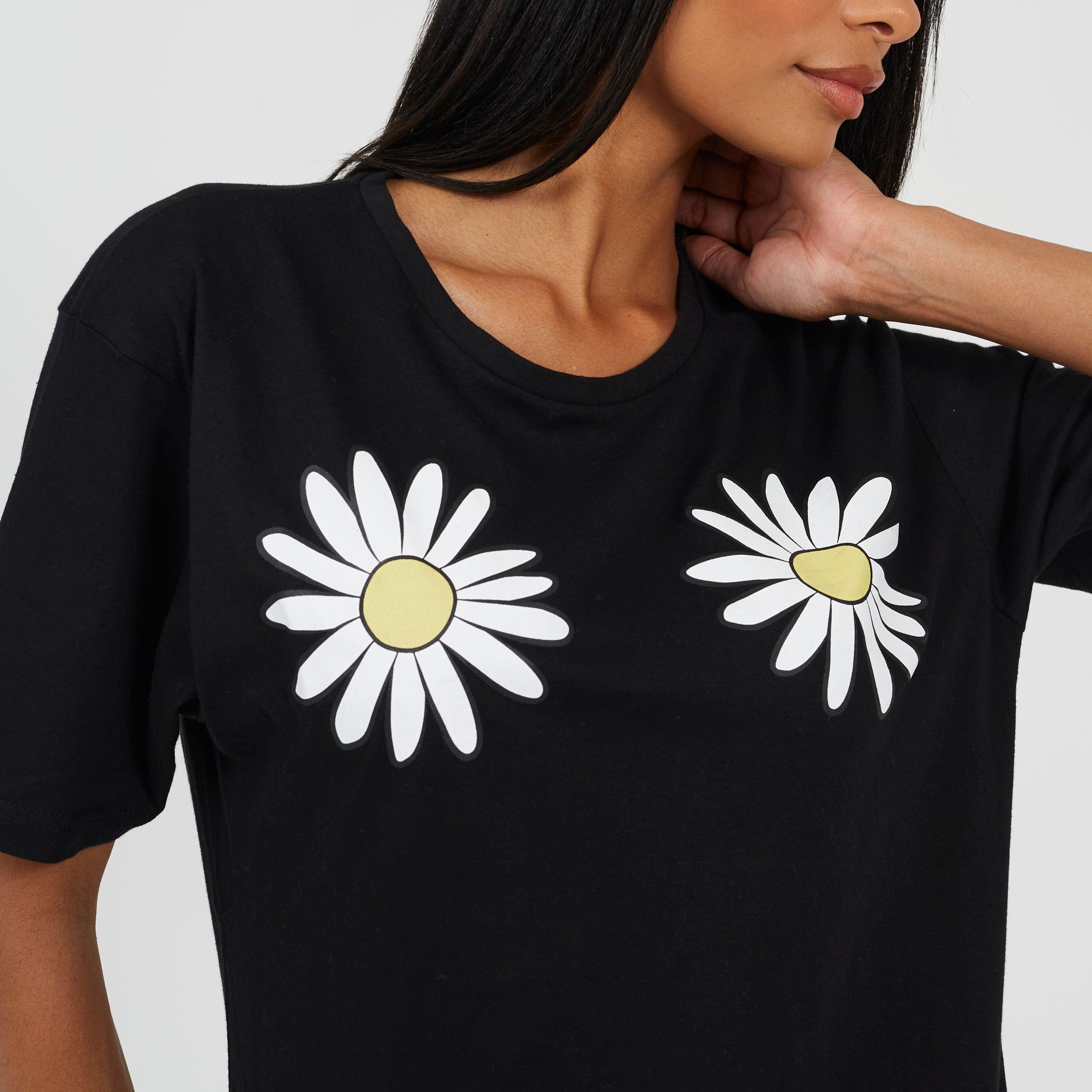 Black/White - Brave Soul - Womens Nightdress with Daisy Chest Print - 3