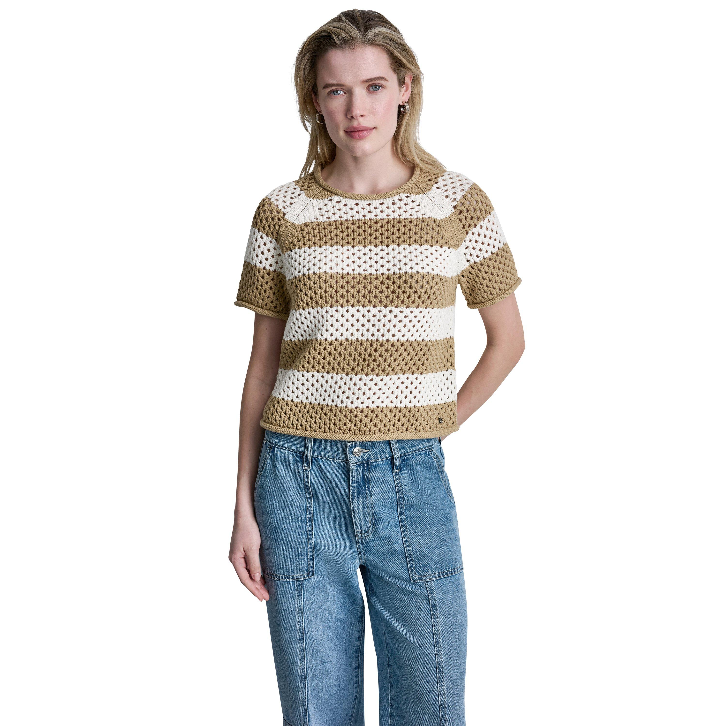 Trvt/ Eggnog - DKNY - Womens Short Sleeve Raglan Stripe Pointelle Sweater - 1