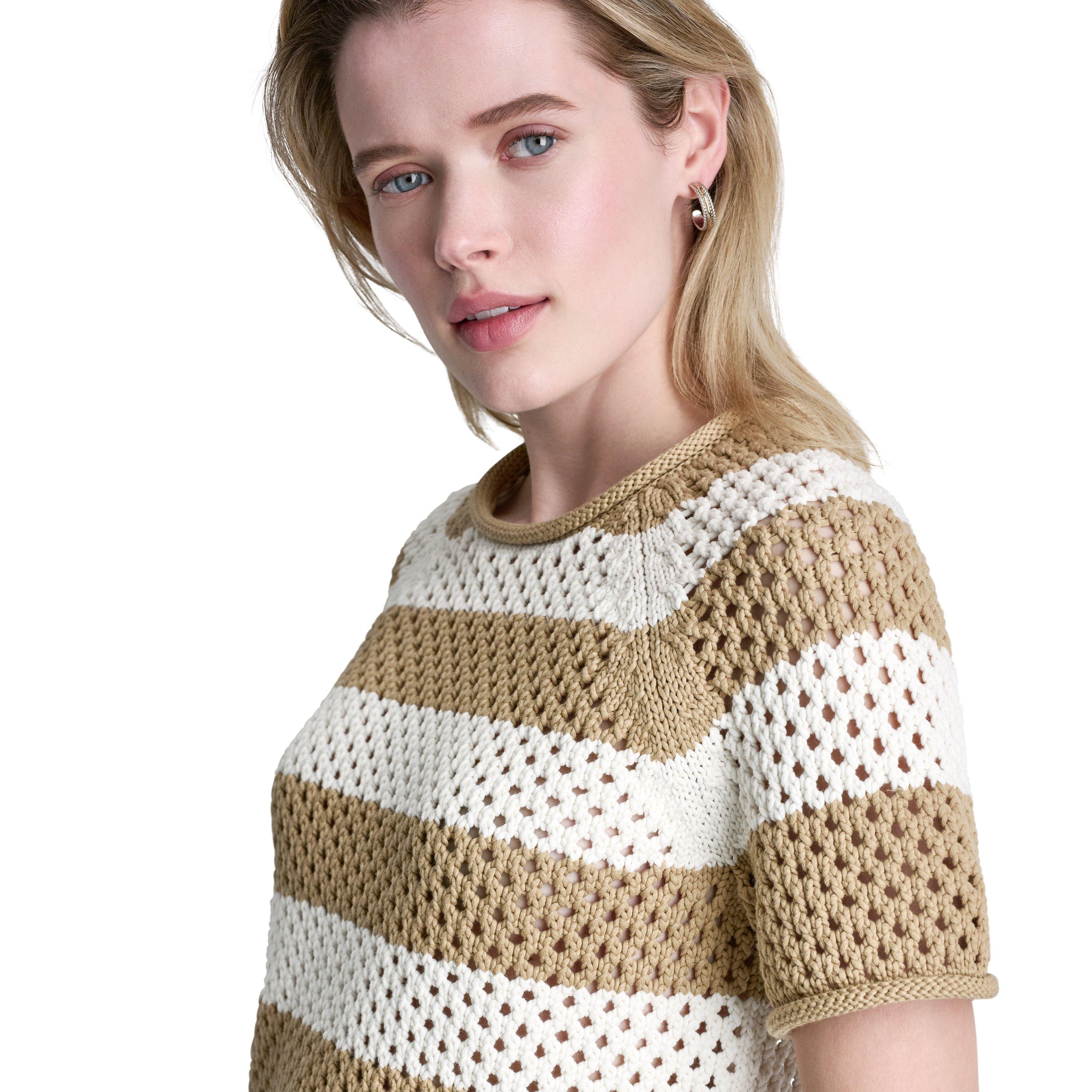 Trvt/ Eggnog - DKNY - Womens Short Sleeve Raglan Stripe Pointelle Sweater - 2