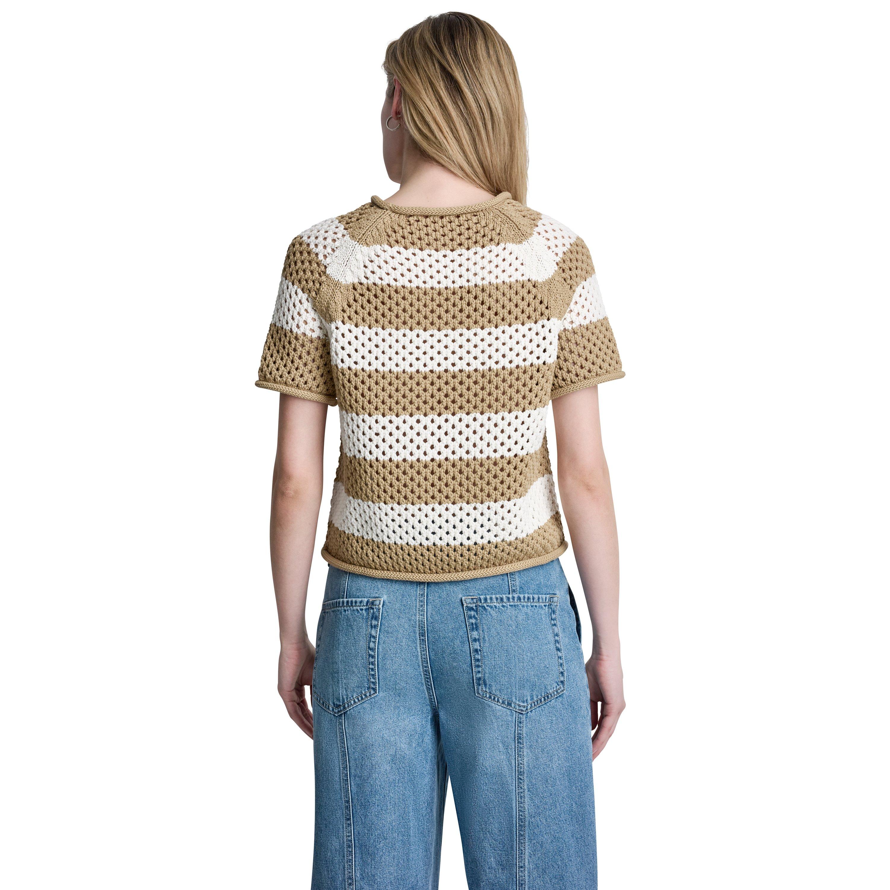 Trvt/ Eggnog - DKNY - Womens Short Sleeve Raglan Stripe Pointelle Sweater - 3