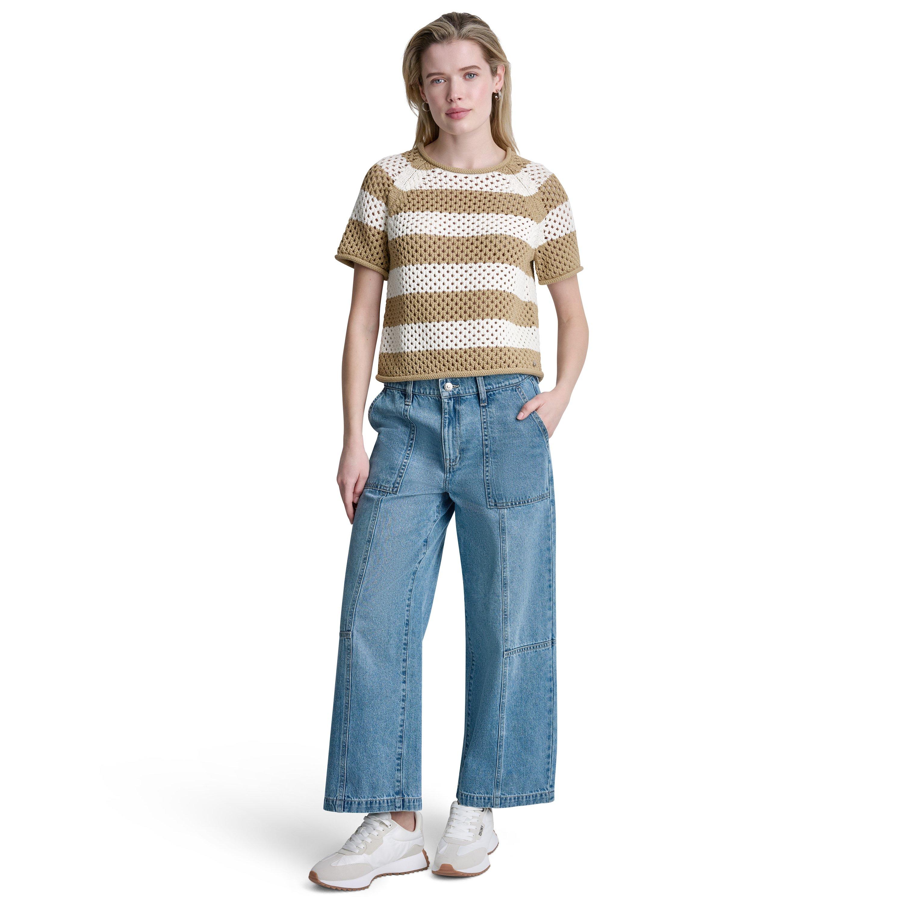 Trvt/ Eggnog - DKNY - Womens Short Sleeve Raglan Stripe Pointelle Sweater - 4