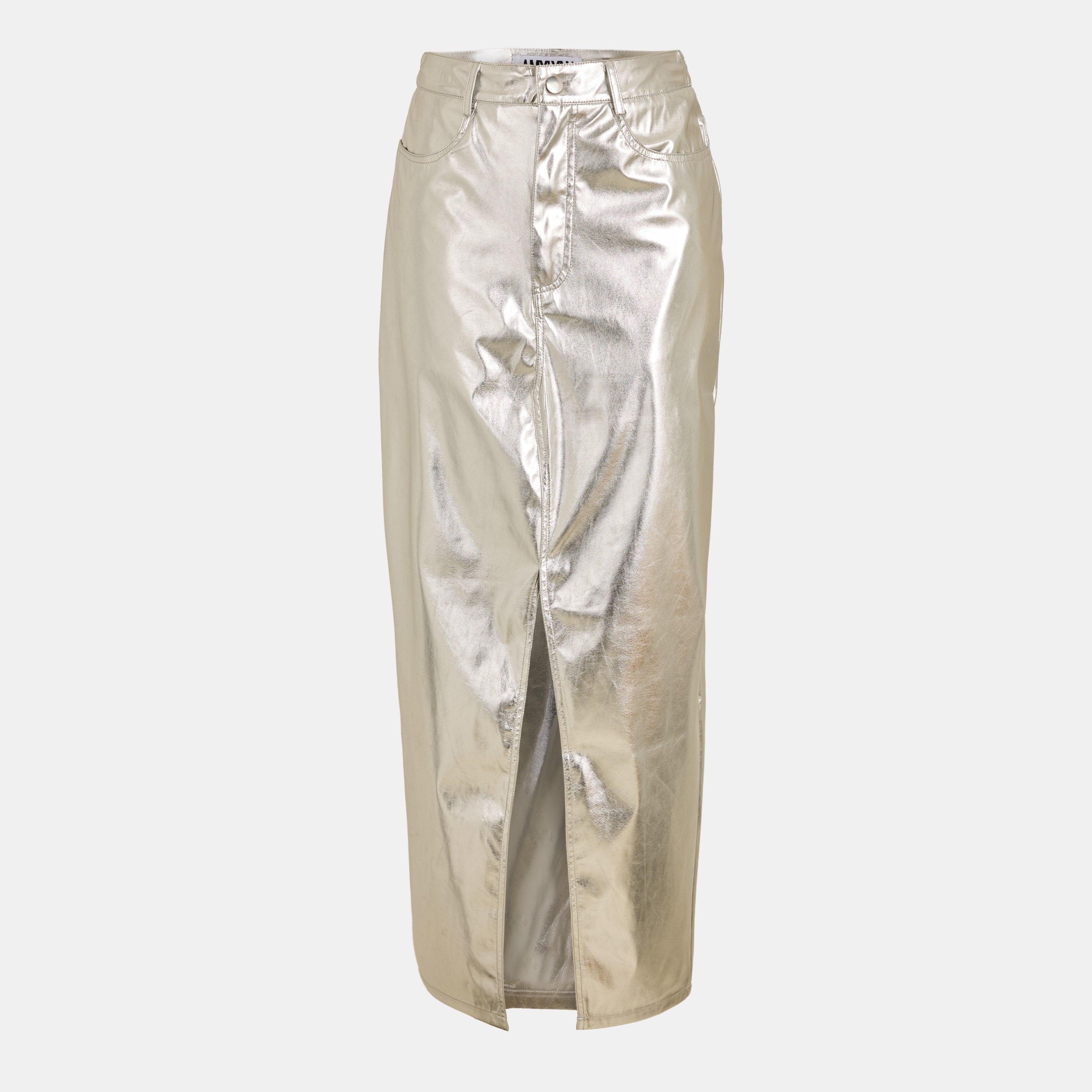 Silver - AmyLynn - Women's Metallic Maxi Skirt - 1