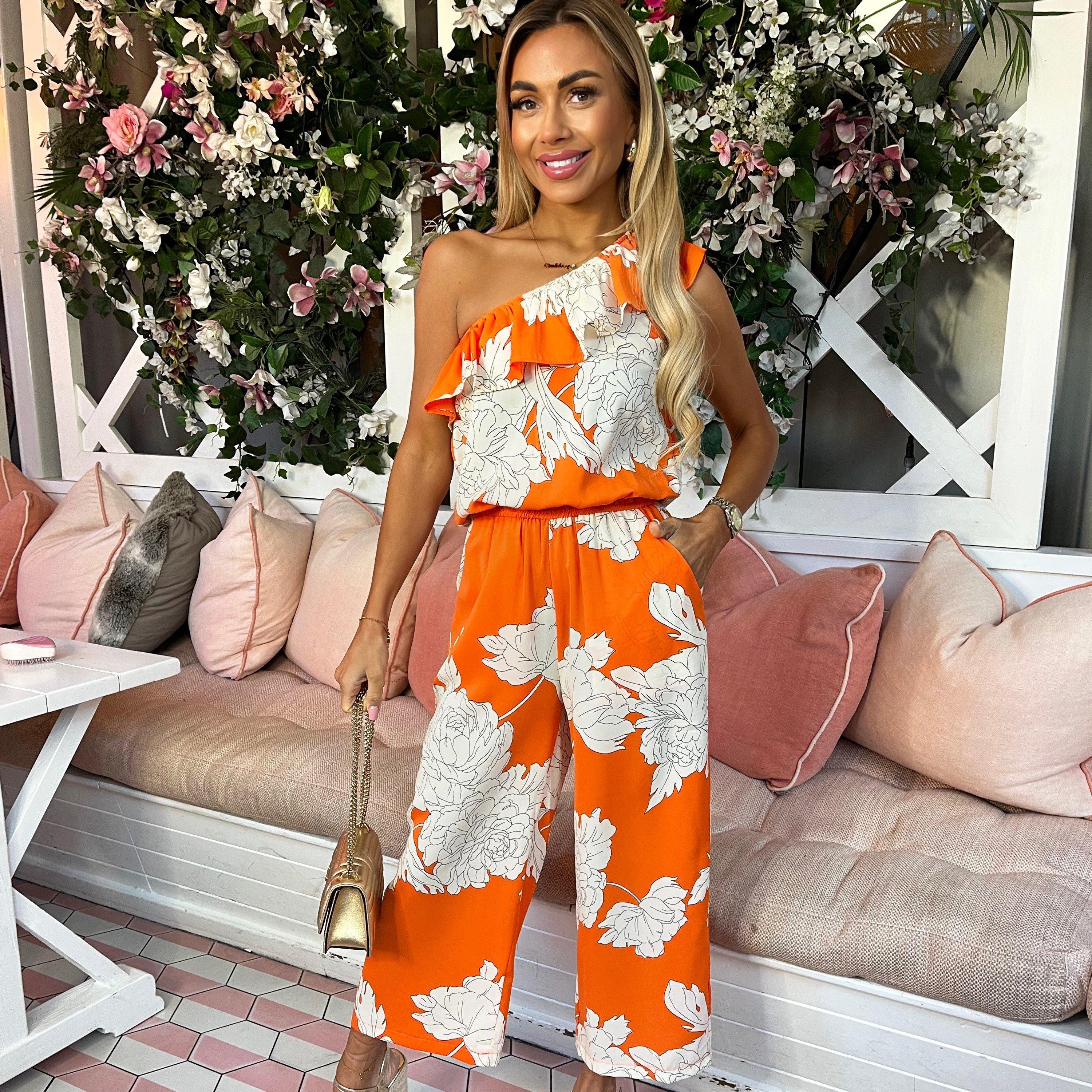 サロペット・オーバーオール・オールインワン FOLDED HEM DETAIL JUMP SUITS BEEDEN AX Paris Blood Orange Floral Print One Shoulder Jumpsuit | USC