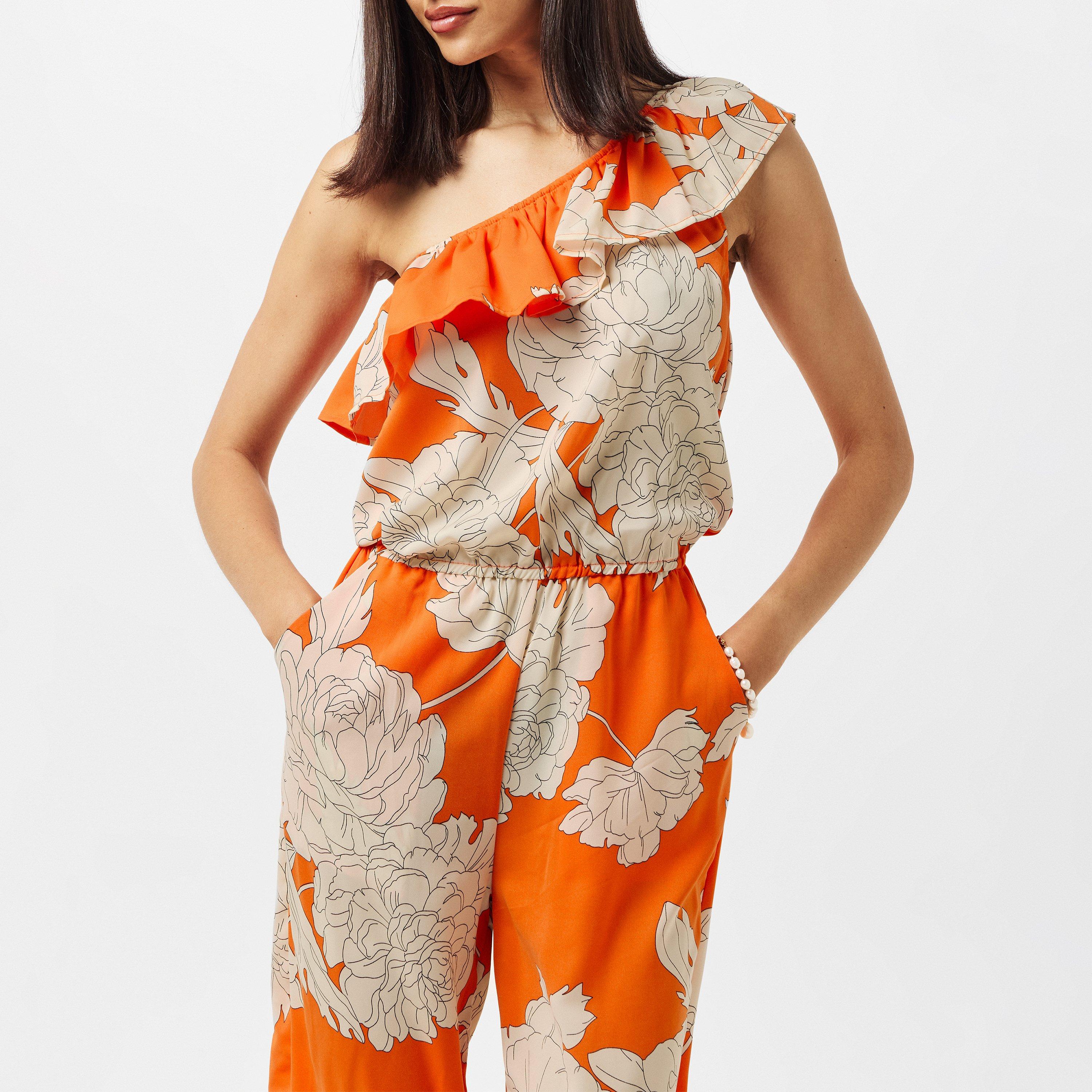 Orange - AX Paris - Blood Orange Floral Print One Shoulder Jumpsuit - 2