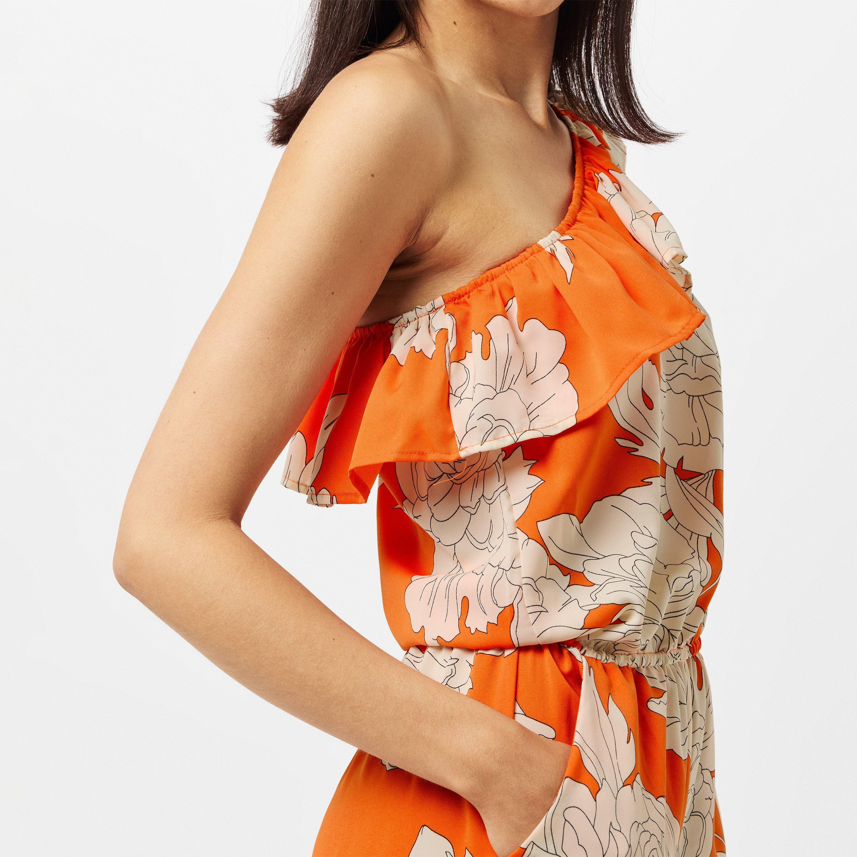 Orange - AX Paris - Blood Orange Floral Print One Shoulder Jumpsuit - 4