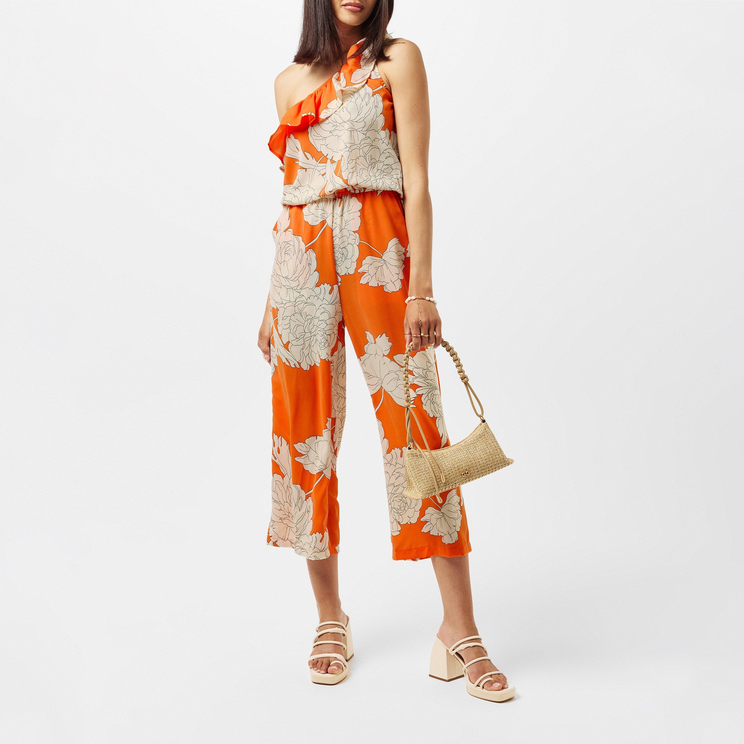 Orange - AX Paris - Blood Orange Floral Print One Shoulder Jumpsuit - 5
