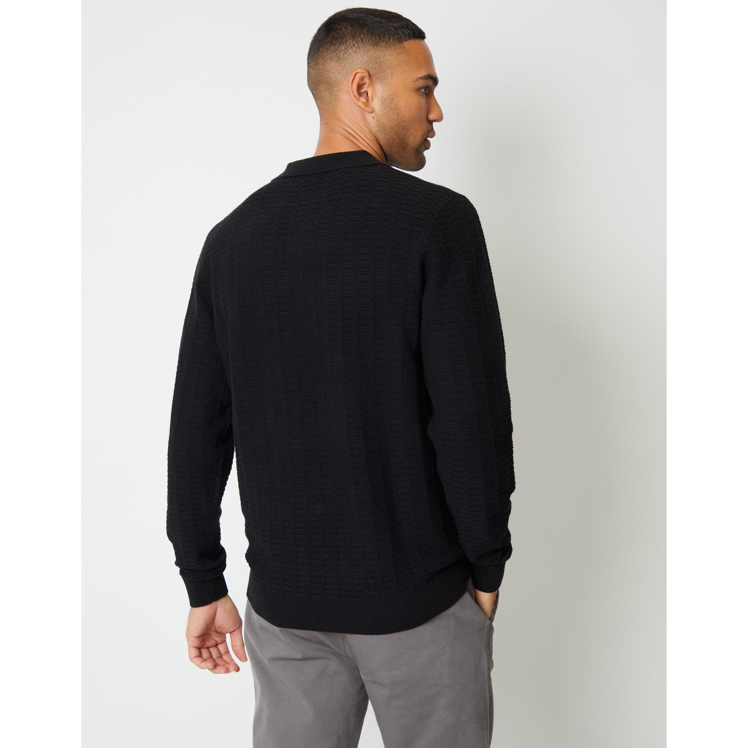 Nero - Threadbare - Men's Long-Sleeve Textured Knitted Polo Crew Neck Jumper - 3