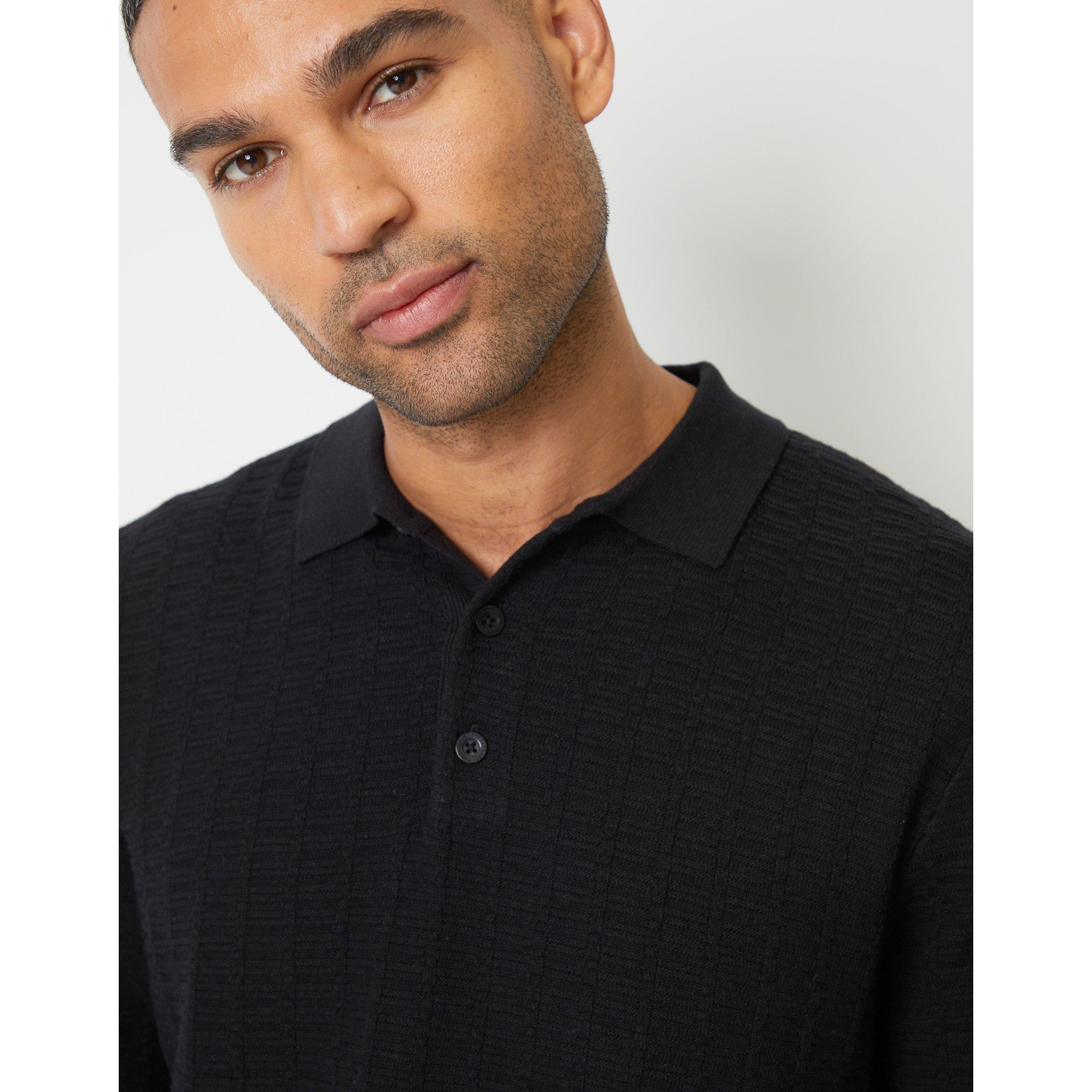 Nero - Threadbare - Men's Long-Sleeve Textured Knitted Polo Crew Neck Jumper - 4