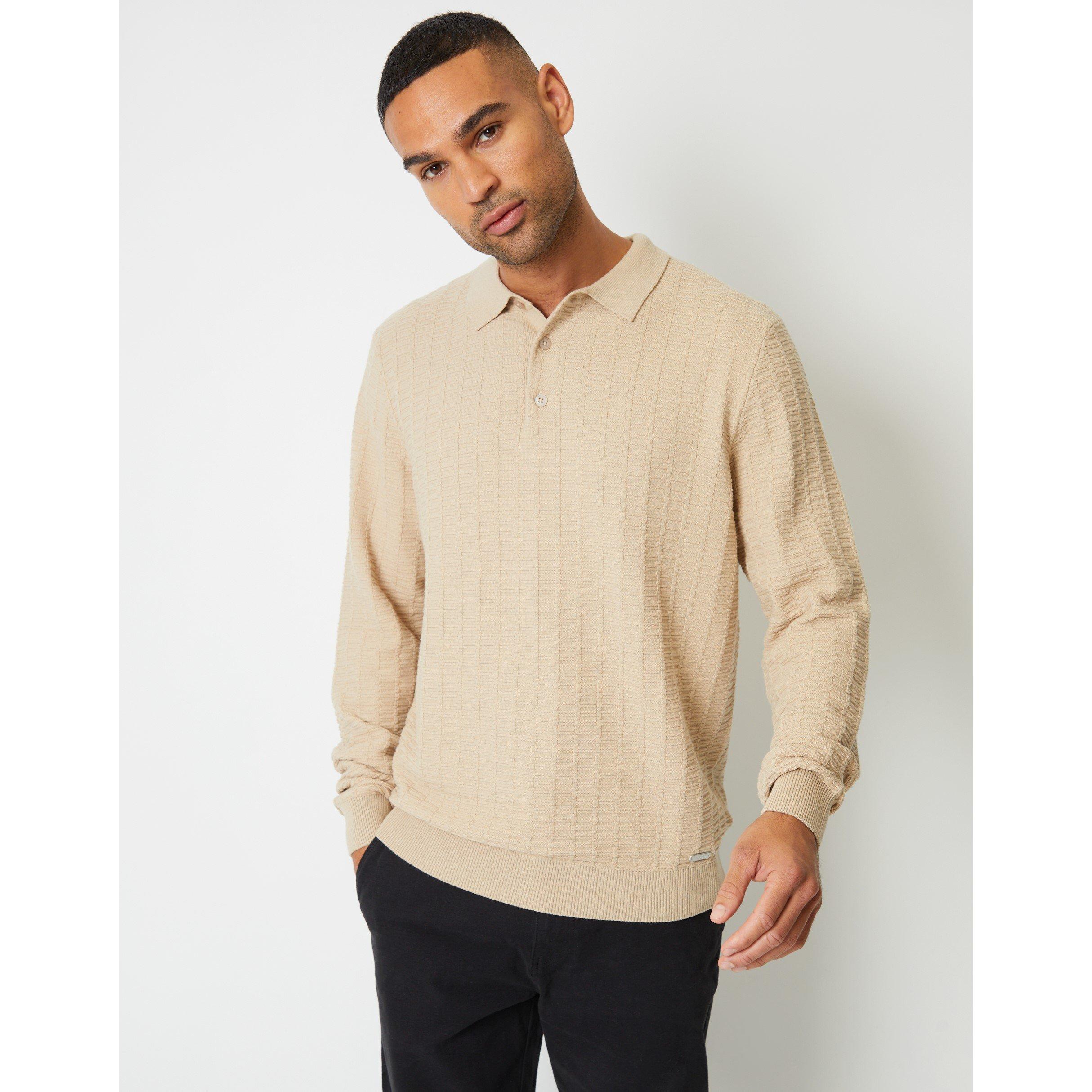 Beige - Threadbare - Long-Sleeve Textured Knitted Polo Crew Neck Jumper - 1