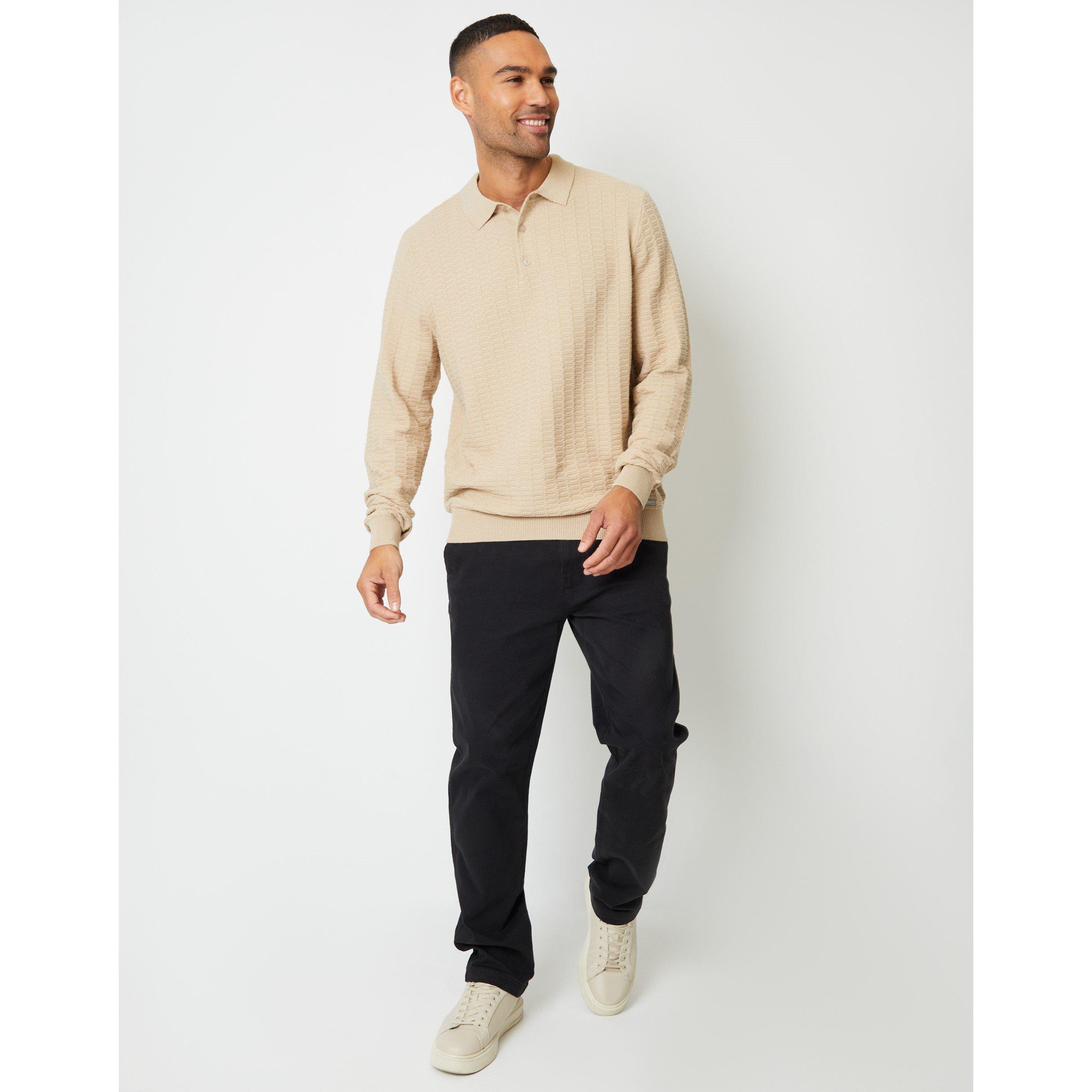Beige - Threadbare - Long-Sleeve Textured Knitted Polo Crew Neck Jumper - 2