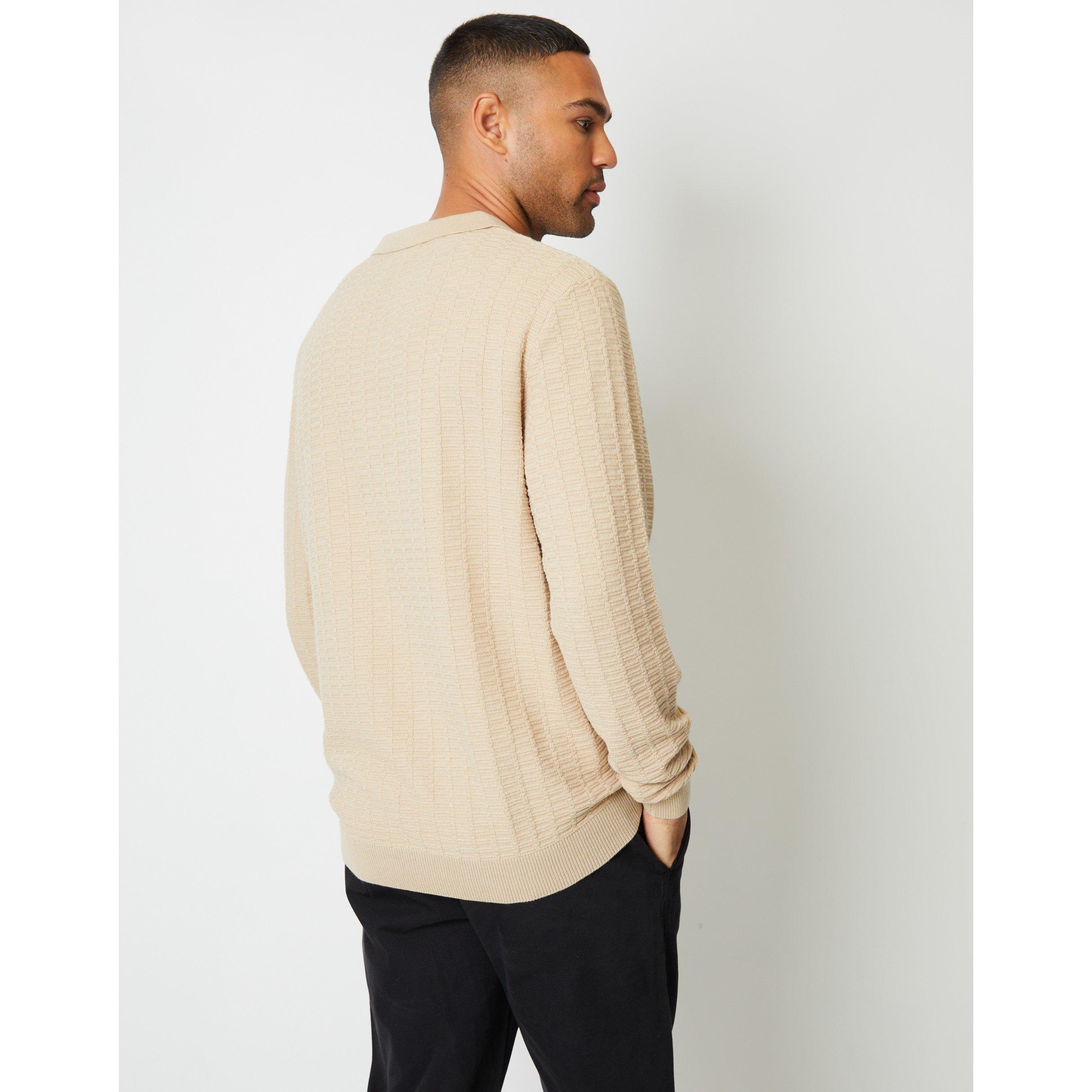 Beige - Threadbare - Long-Sleeve Textured Knitted Polo Crew Neck Jumper - 3