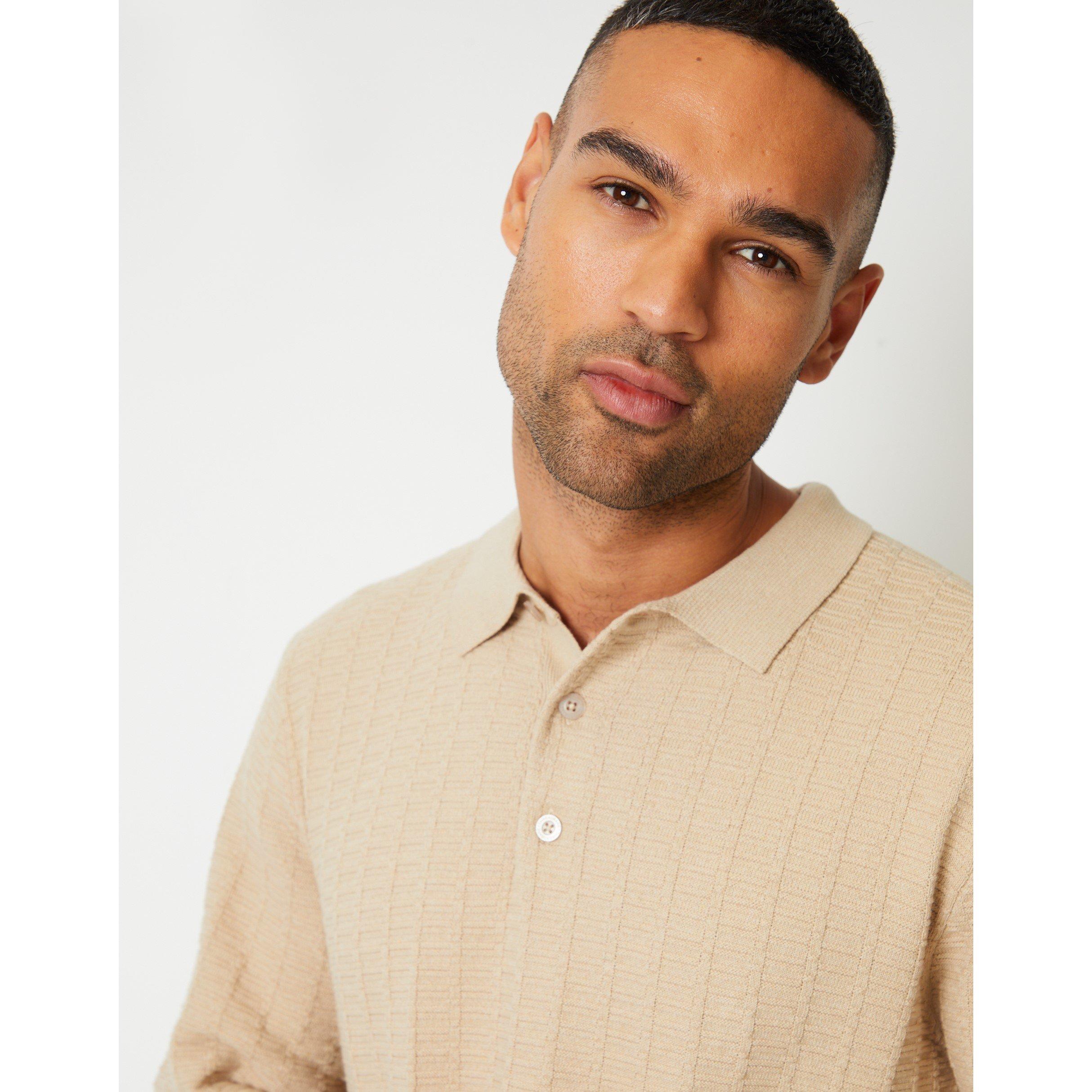 Beige - Threadbare - Long-Sleeve Textured Knitted Polo Crew Neck Jumper - 4