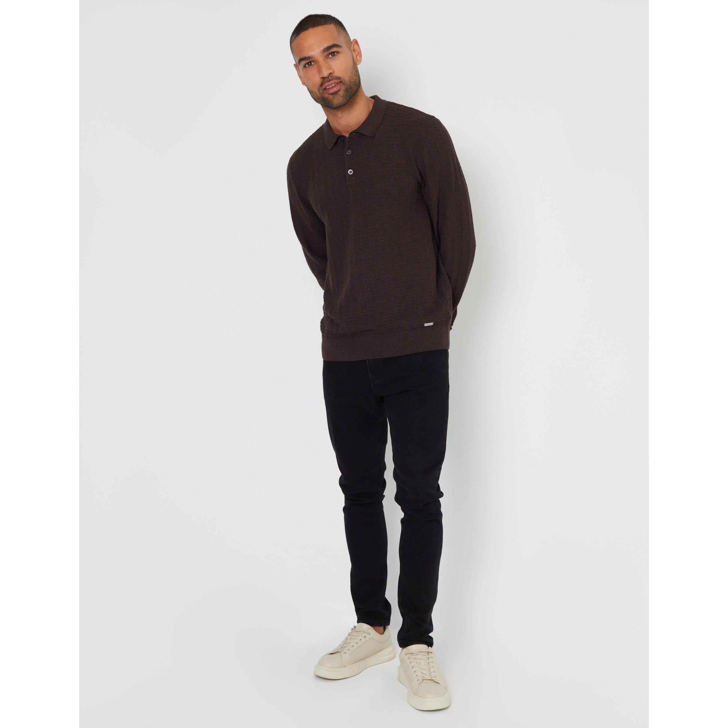 Chocolade - Threadbare - Long-Sleeve Textured Knitted Polo Crew Neck Jumper - 2