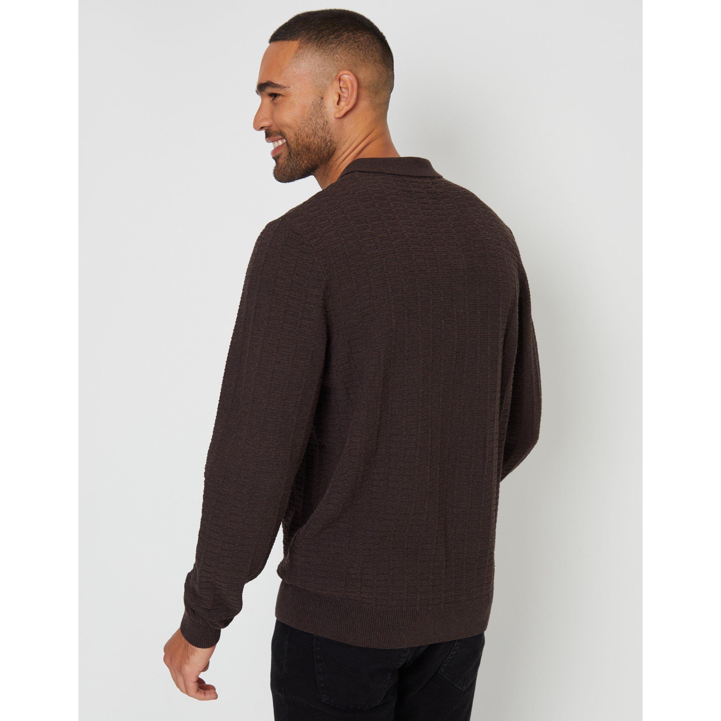 Chocolade - Threadbare - Long-Sleeve Textured Knitted Polo Crew Neck Jumper - 3
