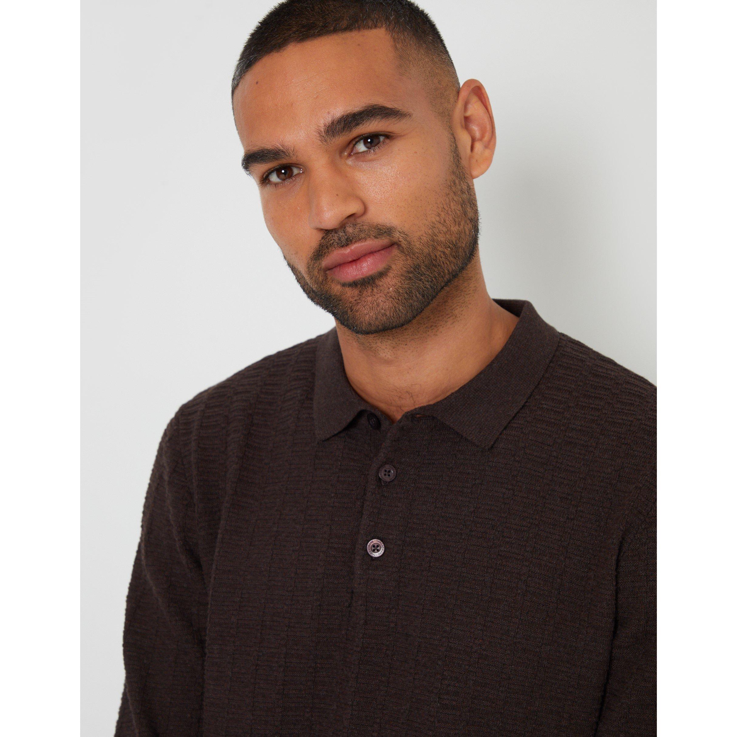 Chocolade - Threadbare - Long-Sleeve Textured Knitted Polo Crew Neck Jumper - 4