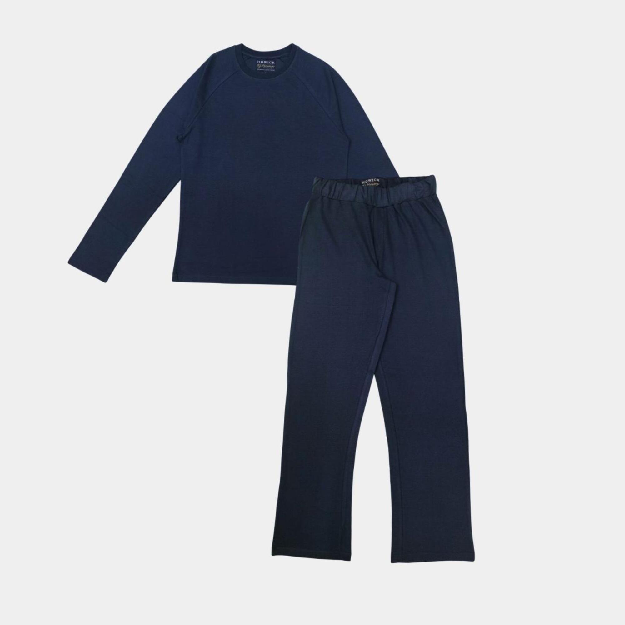 Navy Plain - Howick - Men's Cotton Crew Neck Long Sleeve Pyjama Sets - 1