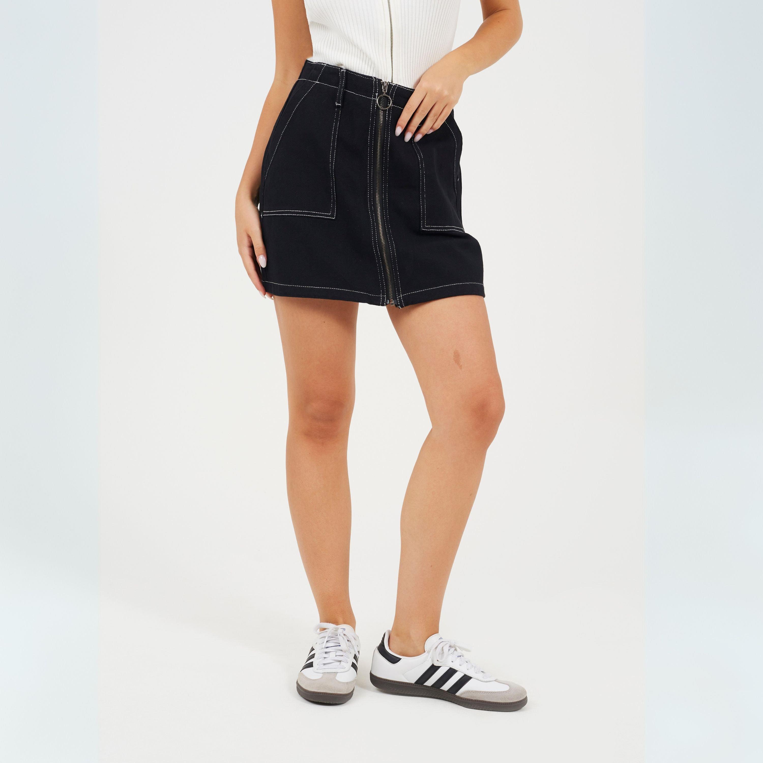 Black/White - Brave Soul - Womens Contrast Stitch Denim Skirt with Front Zip - 1