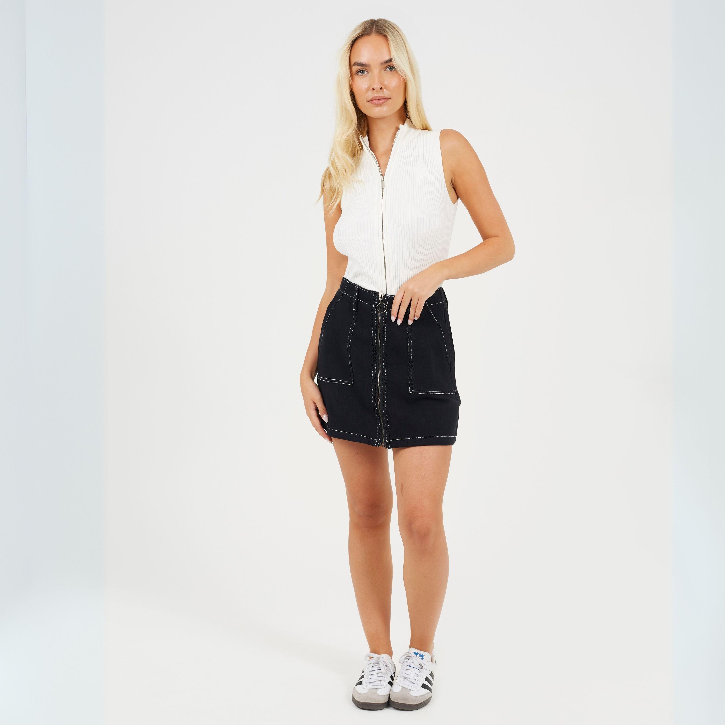 Black/White - Brave Soul - Womens Contrast Stitch Denim Skirt with Front Zip - 4