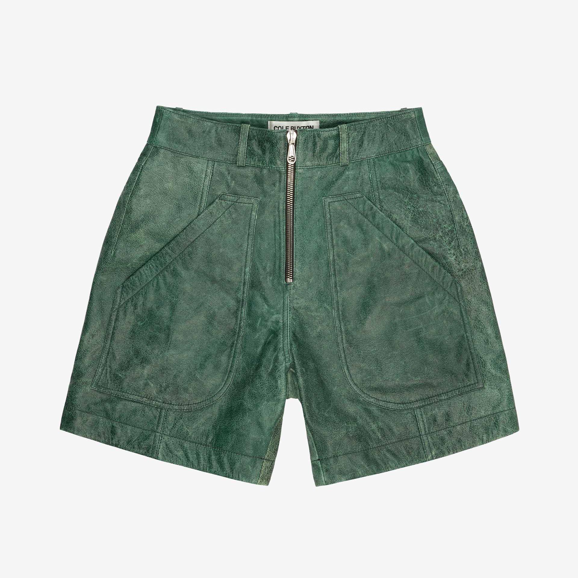 Green - Cole Buxton - Cracked Leather Shorts - 1