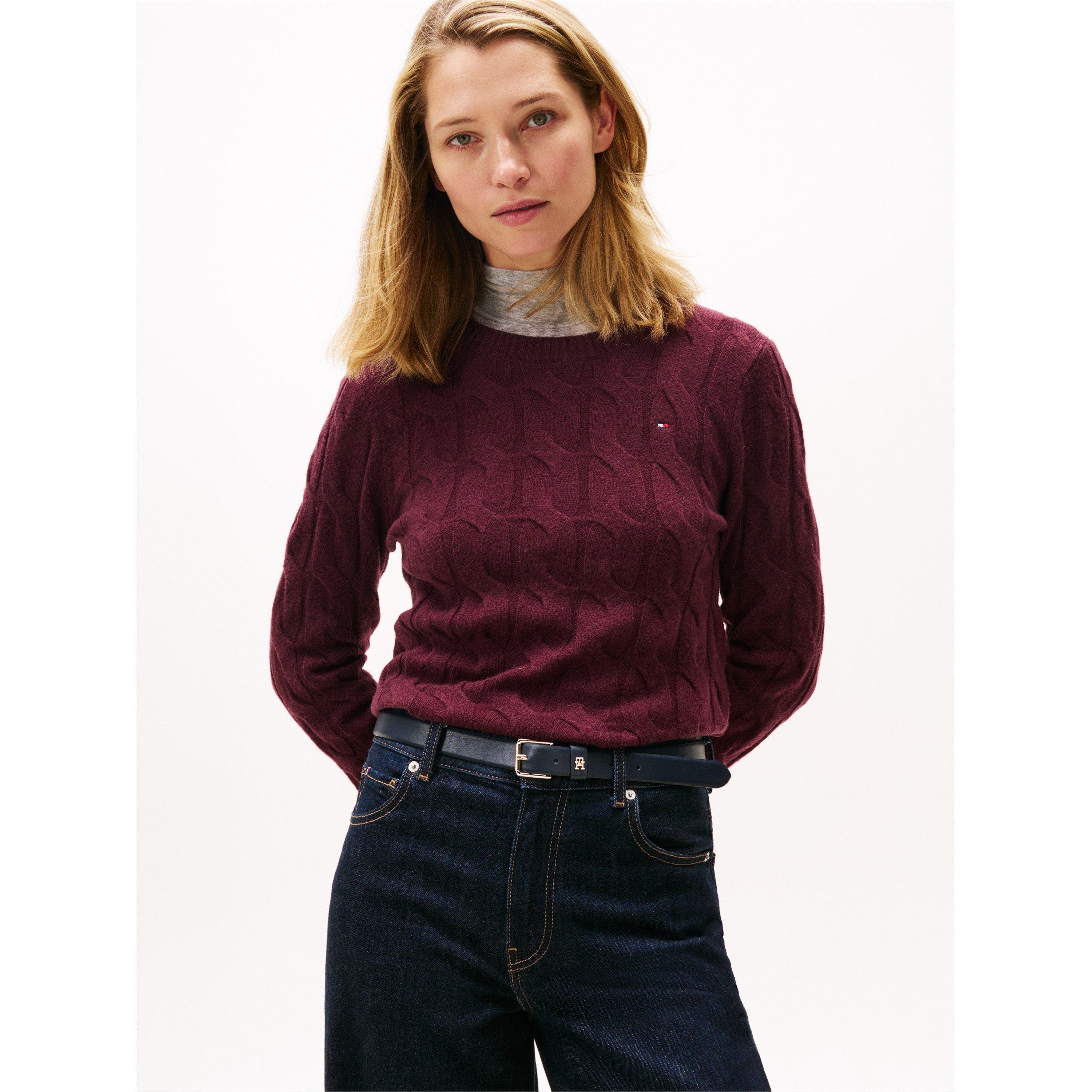 Deep Burgundy - Tommy Hilfiger - Women's Cable Knit Jumper - 2