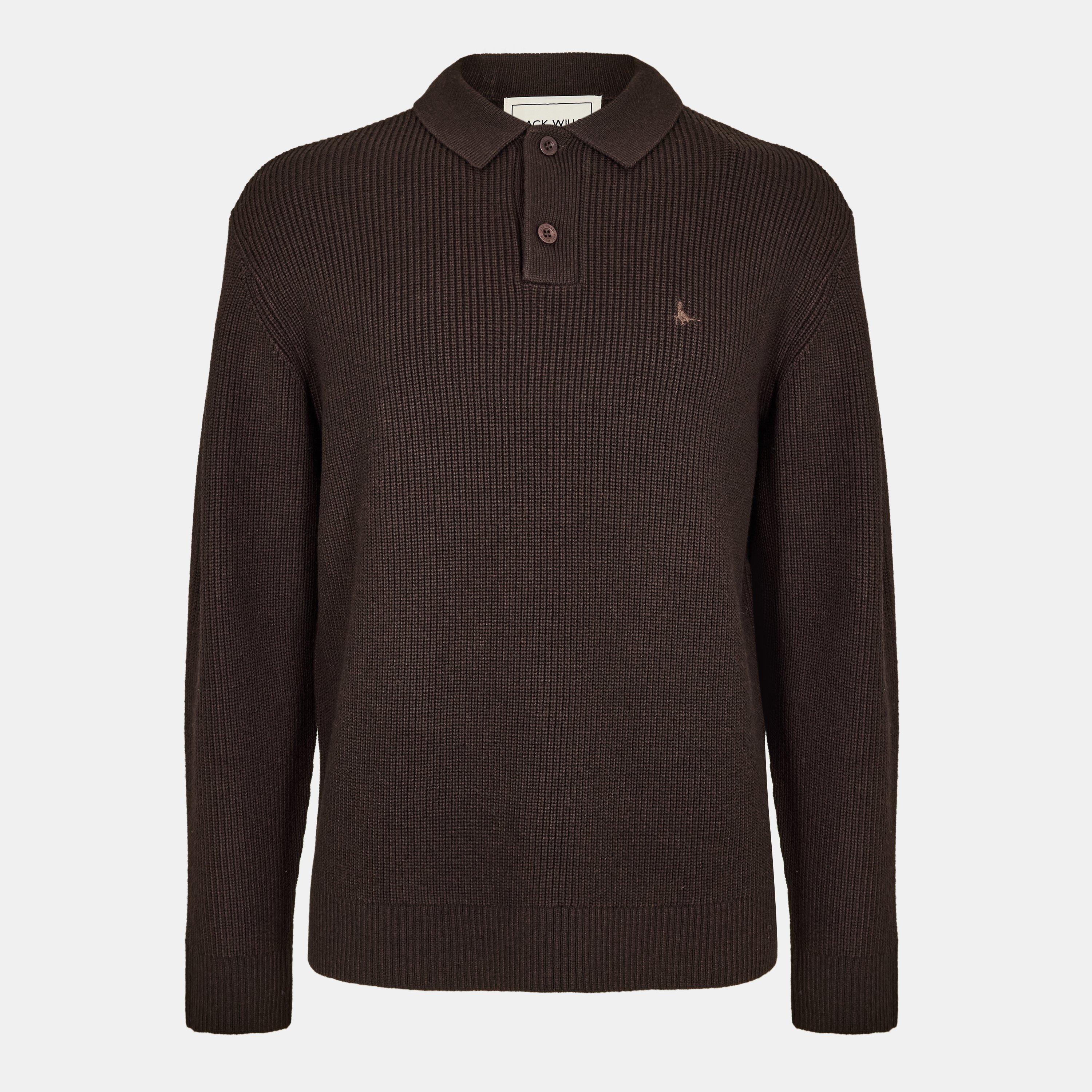 Jack Wills Men's Ls Button Knit Polo - Black Coffee - XL