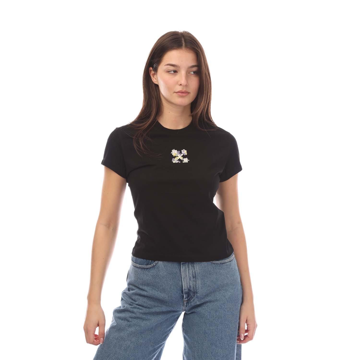 Black - Off White - Embroidered Flower Mini Arrow Fitted T-Shirt - 1