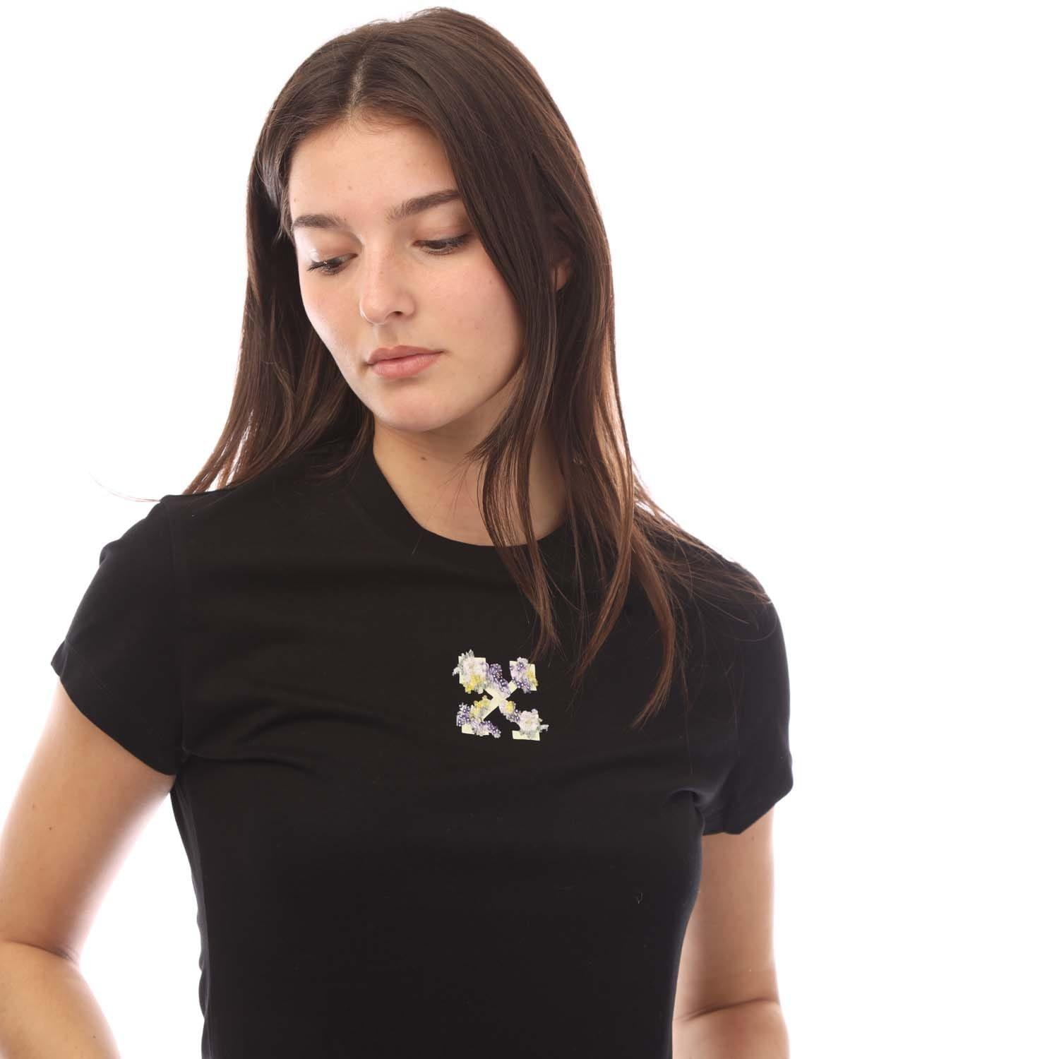Black - Off White - Embroidered Flower Mini Arrow Fitted T-Shirt - 3