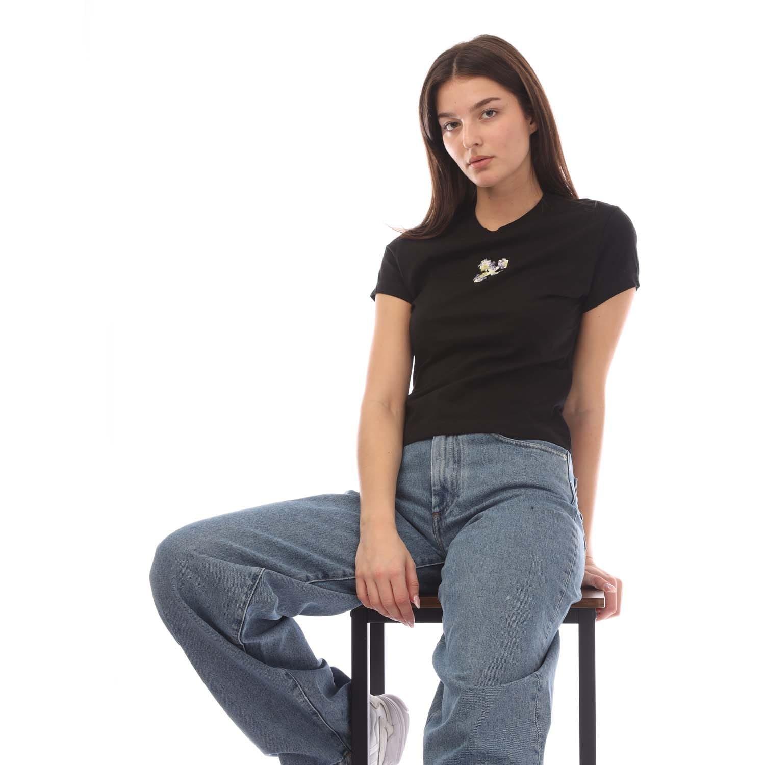 Black - Off White - Embroidered Flower Mini Arrow Fitted T-Shirt - 4