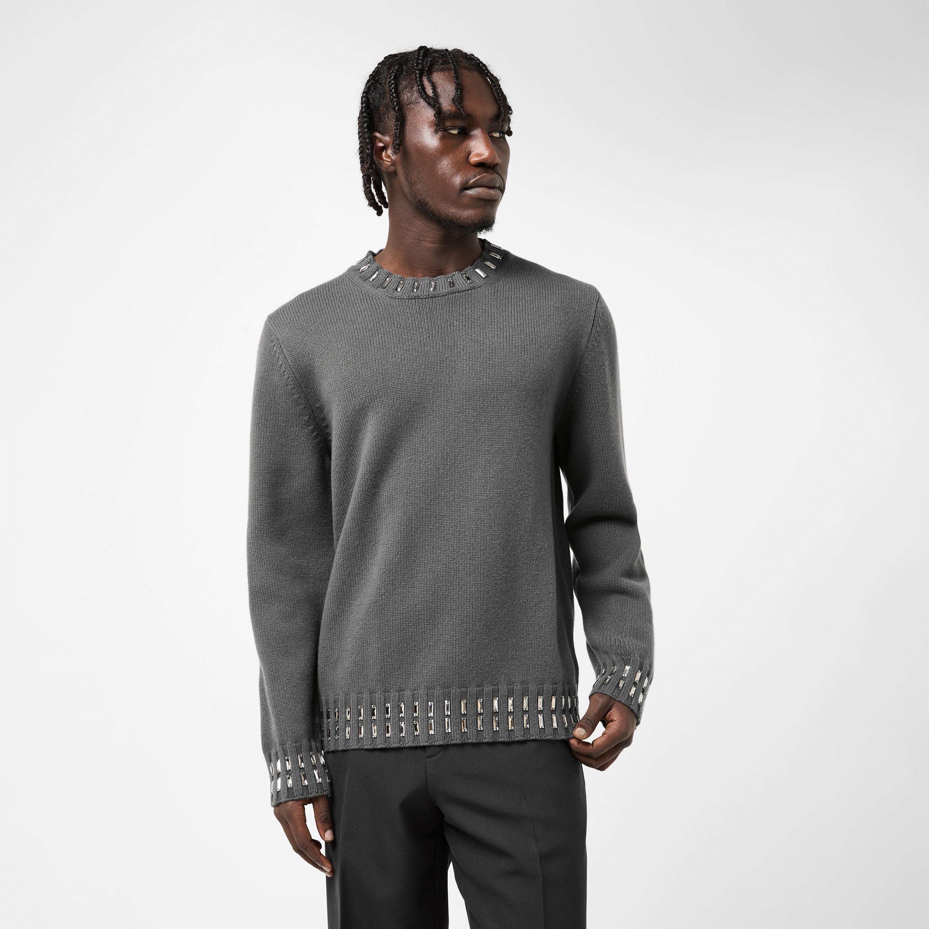 Grey - Fendi - Men's Embellished Knitted Crew Neck Jumper - 3